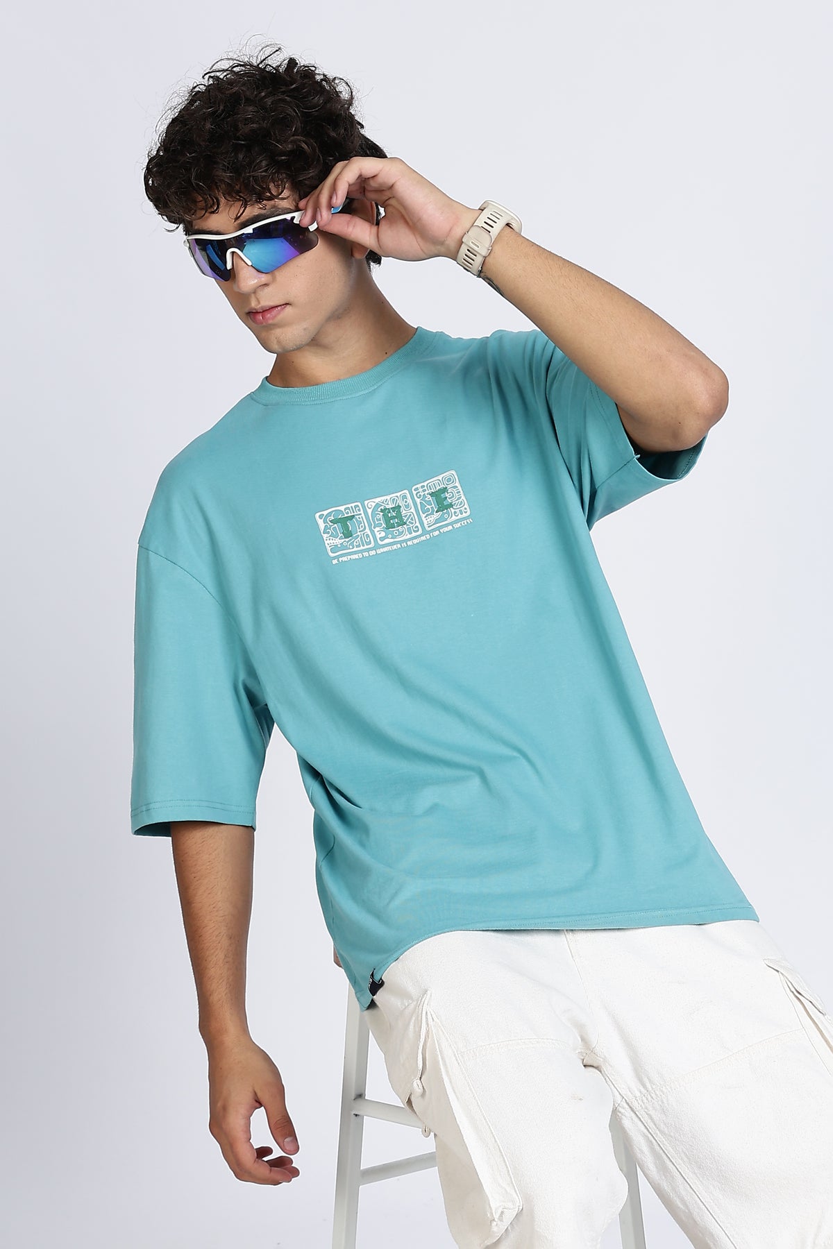 Color Hunt Men's Sky Blue Oversize Pure Cotton Printed T-Shirt