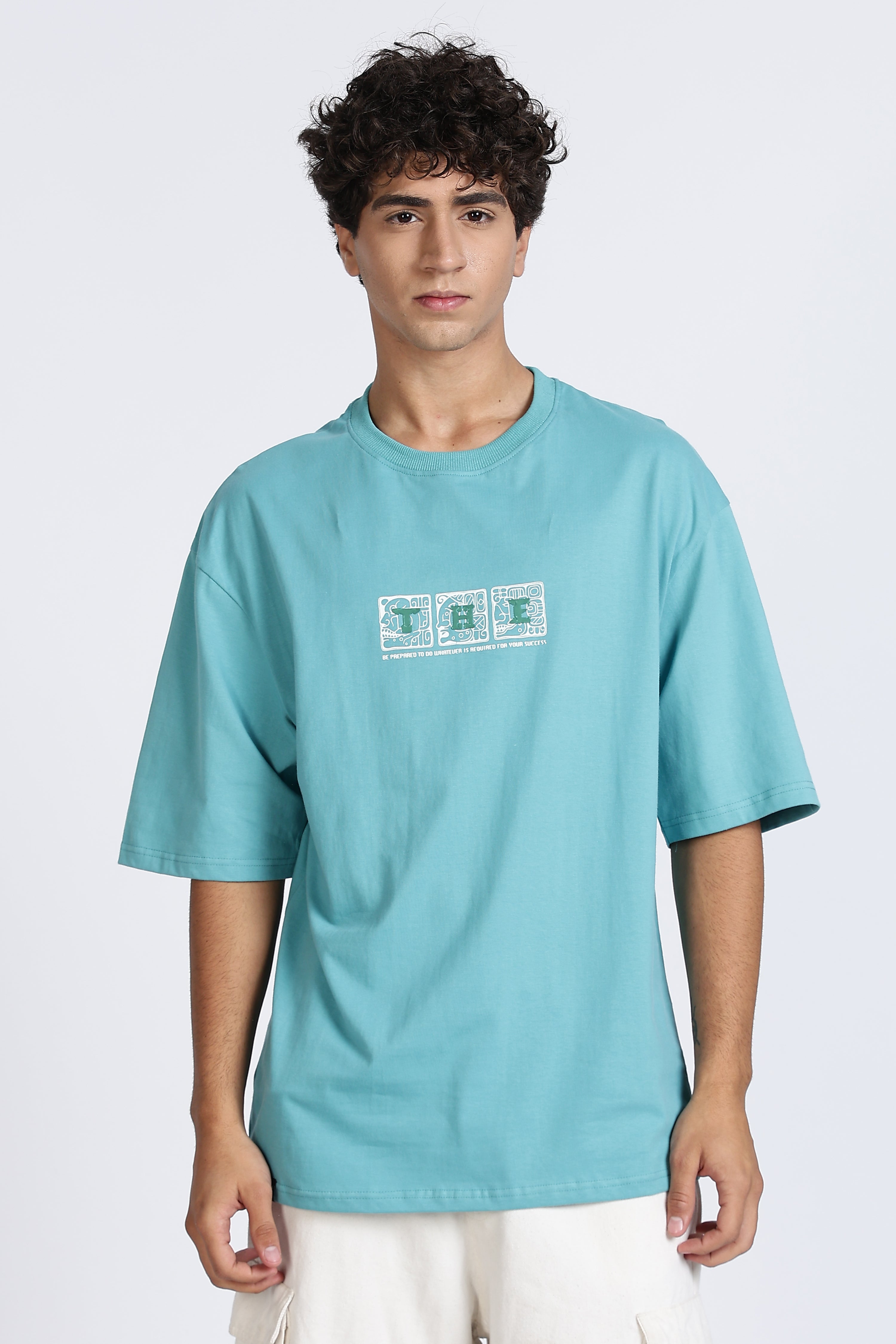 Color Hunt Men's Sky Blue Oversize Pure Cotton Printed T-Shirt