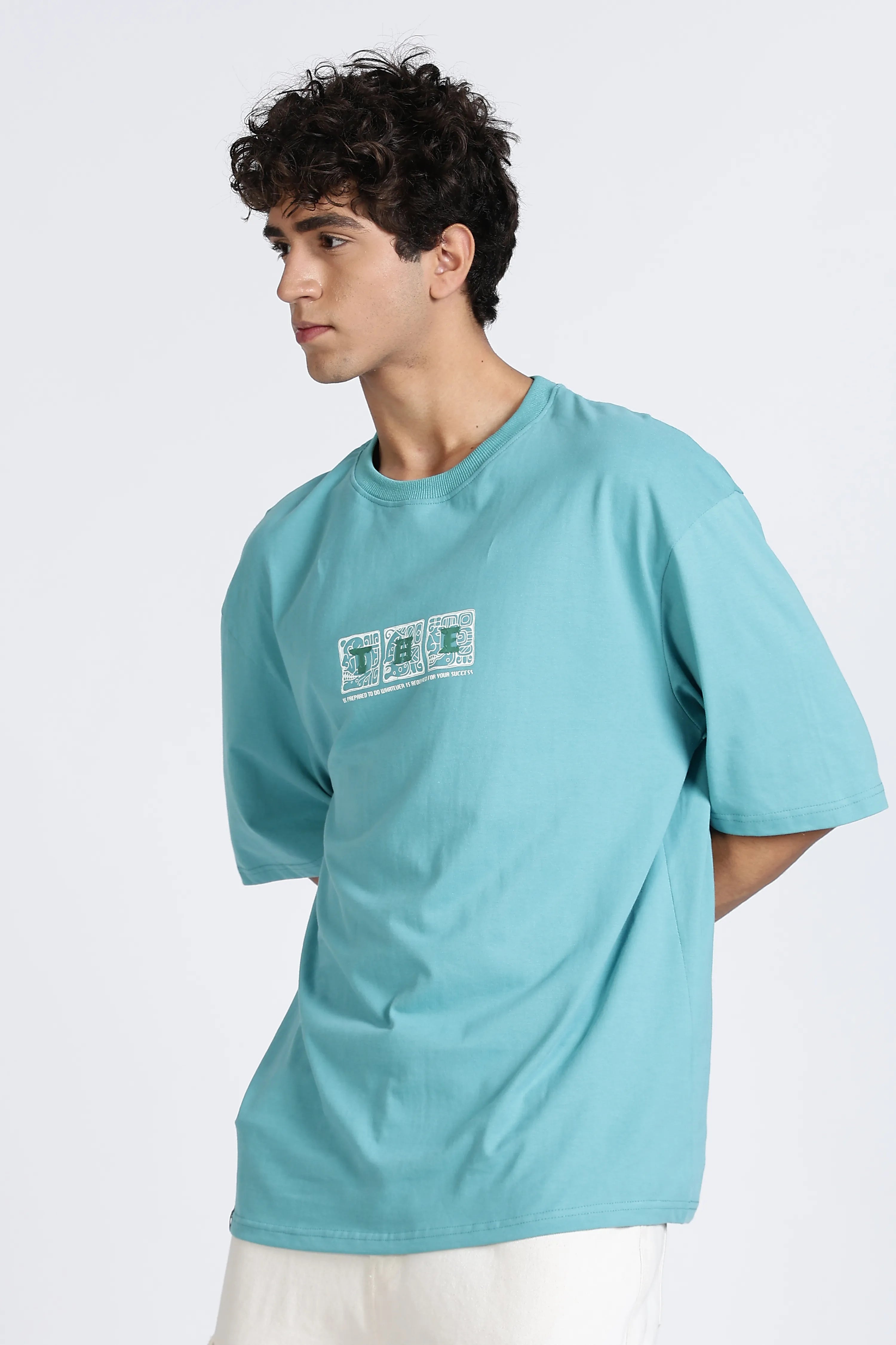 Color Hunt Men's Sky Blue Oversized Pure Cotton Printed T-Shirt