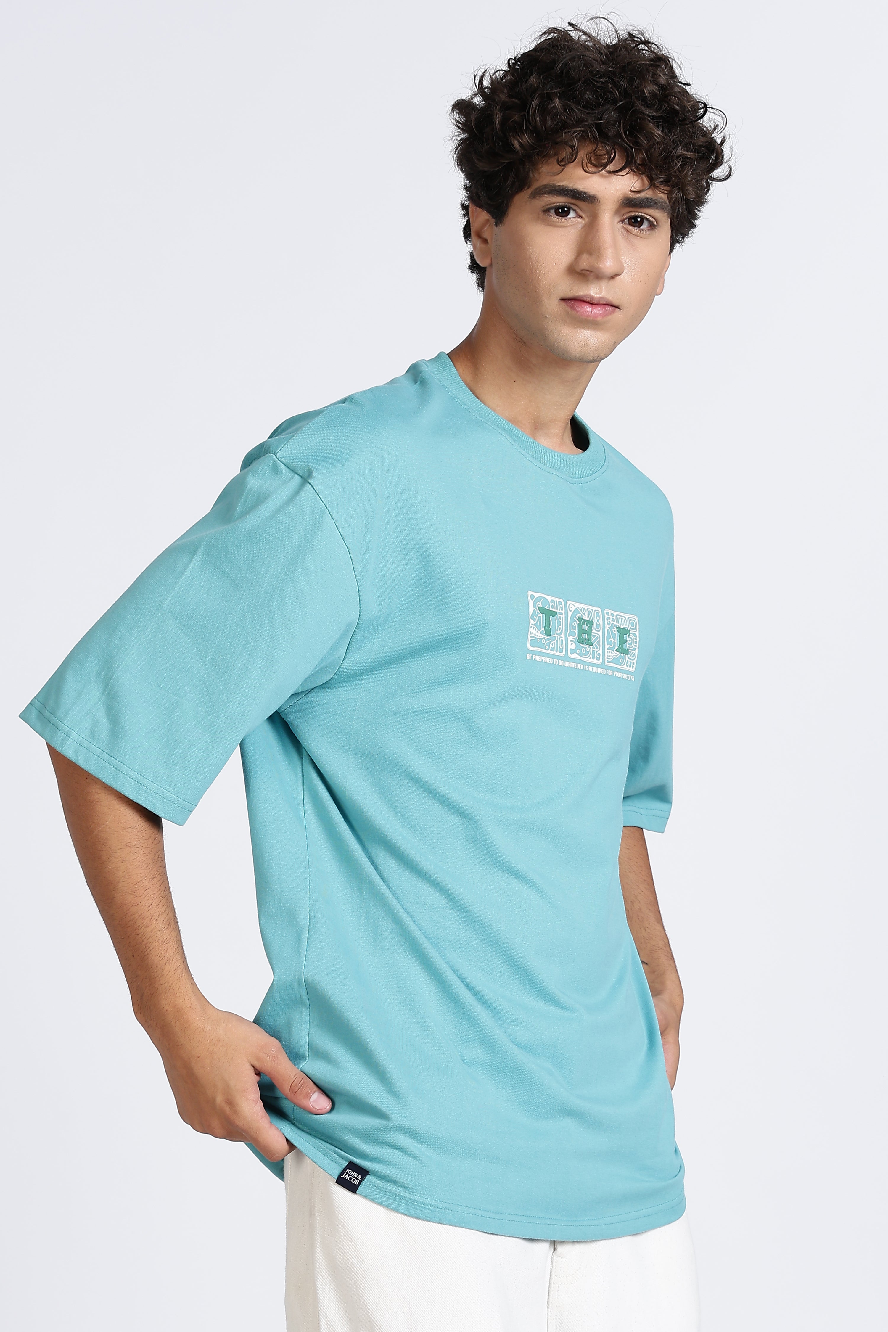 Color Hunt Men's Sky Blue Oversize Pure Cotton Printed T-Shirt
