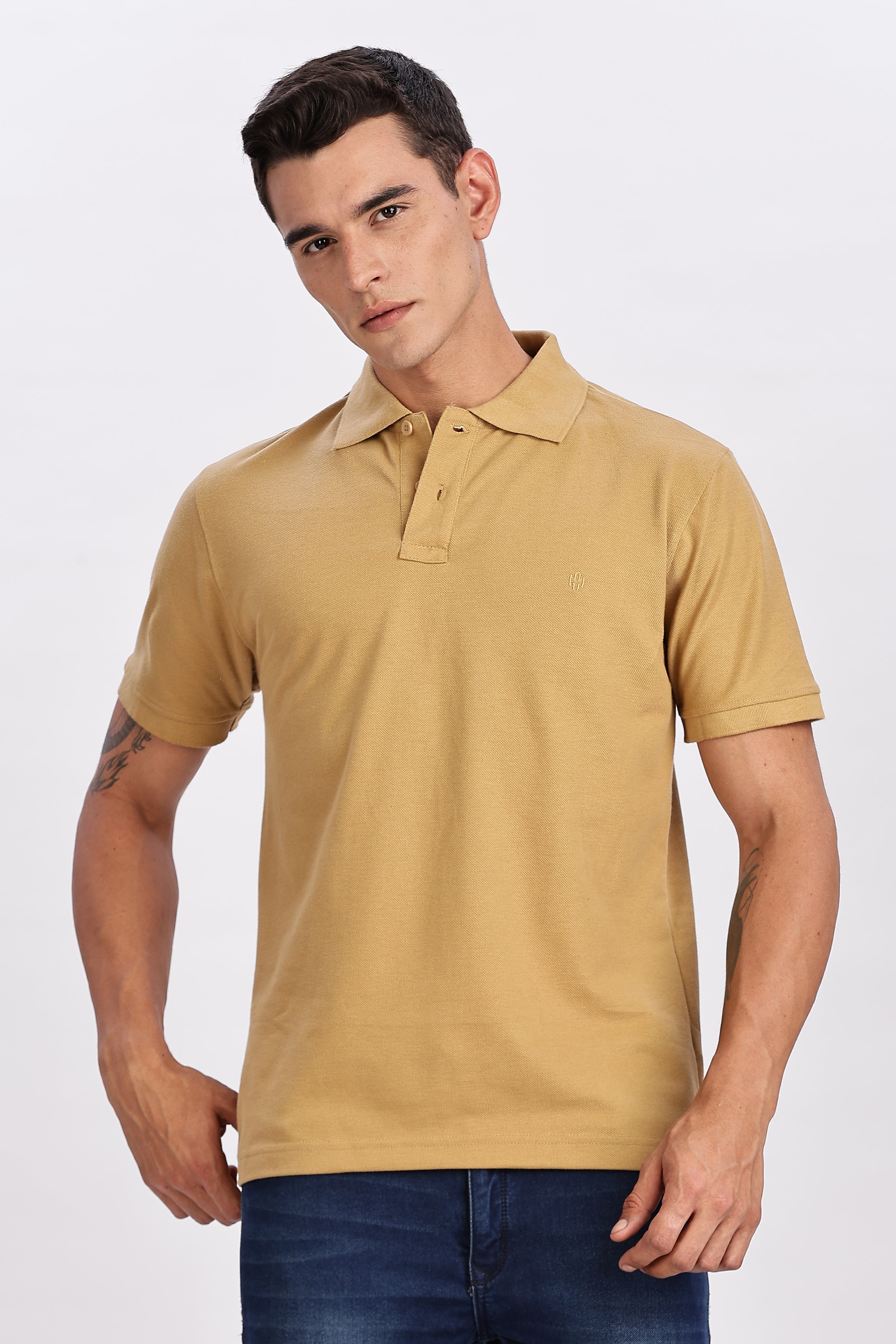 Color Hunt Men's Beige Regular Fit Matty Cotton Polo T-Shirt