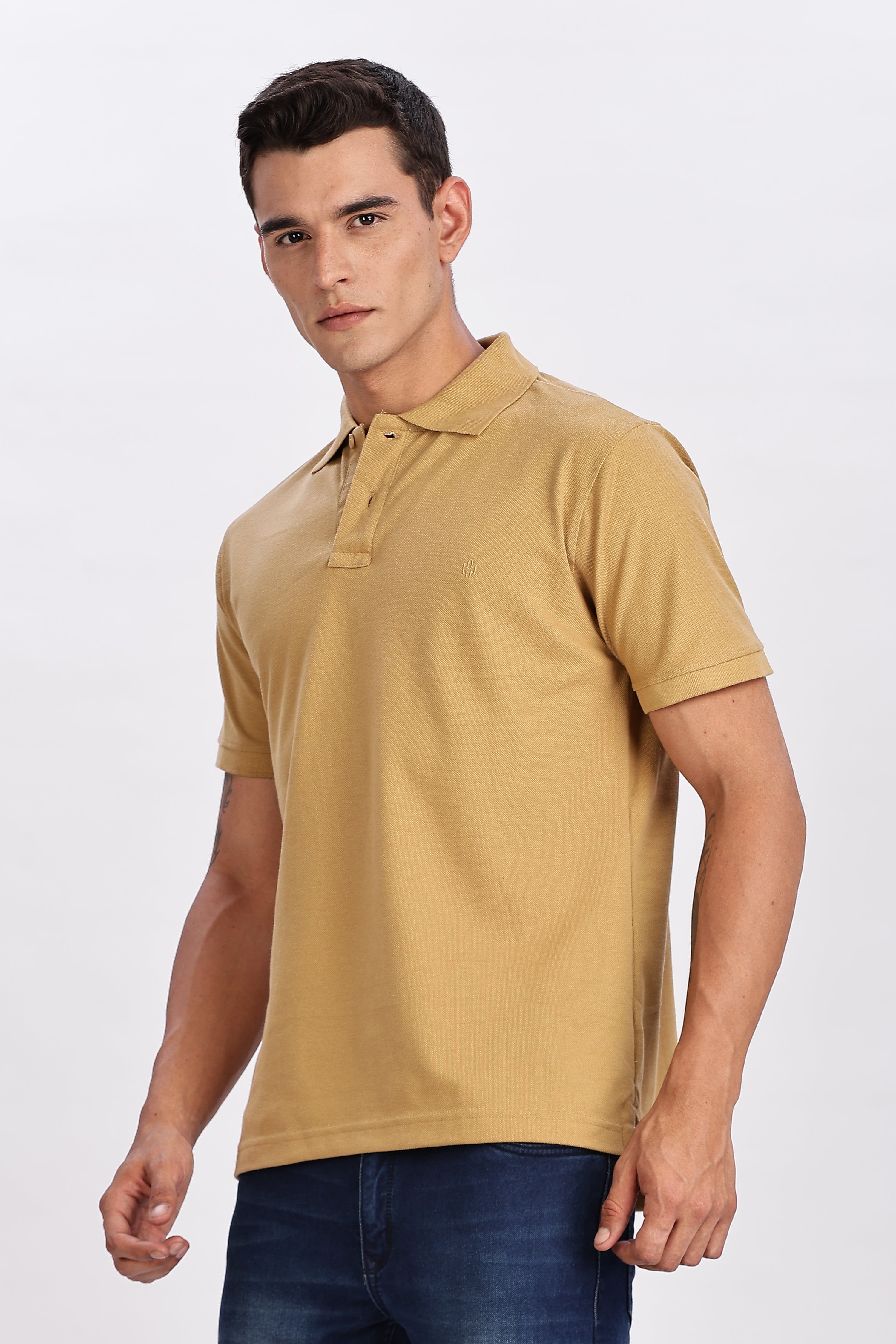 Color Hunt Men's Beige Regular Fit Matty Cotton Polo T-Shirt