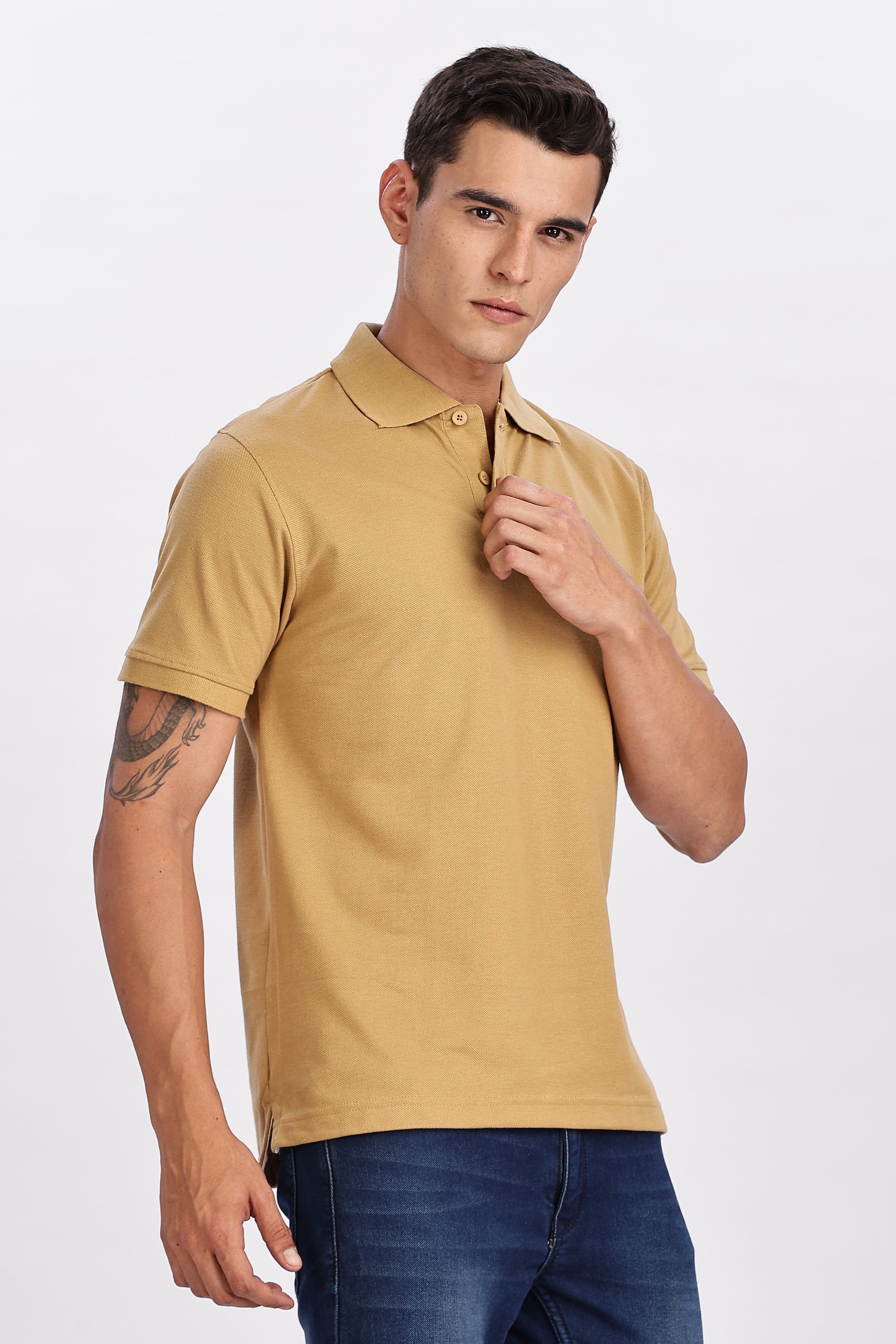 Color Hunt Men's Beige Regular Fit Matty Cotton Polo T-Shirt