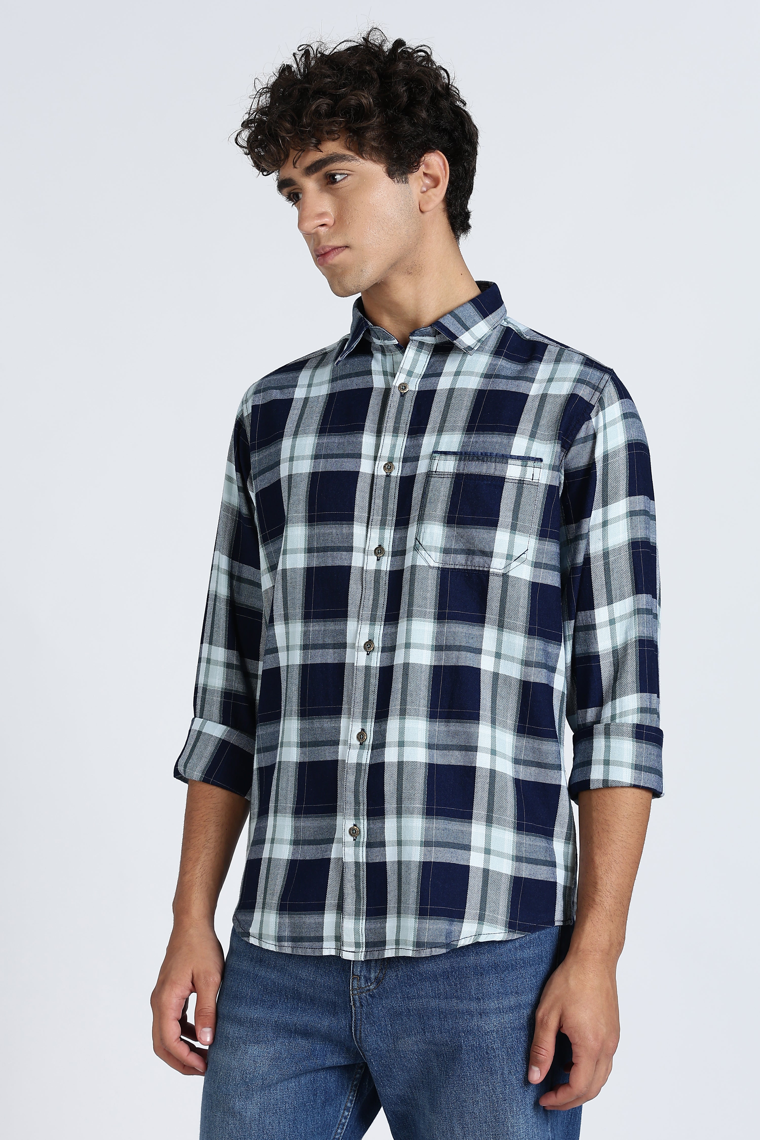 Color Hunt Men's Blue Pure Cotton Full Sleeve Checkered Shirt