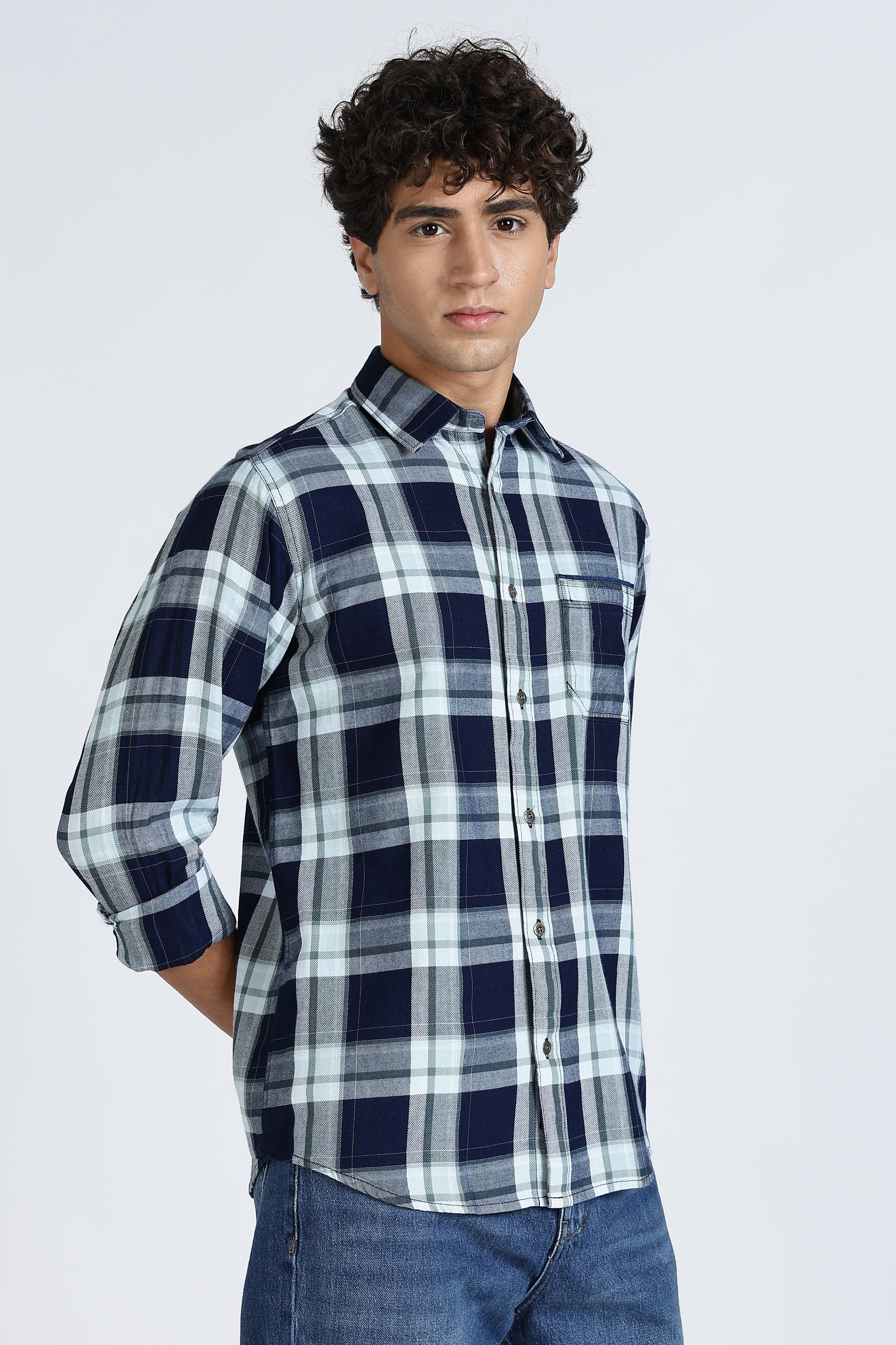 Color Hunt Men's Blue Pure Cotton Full Sleeve Checkered Shirt