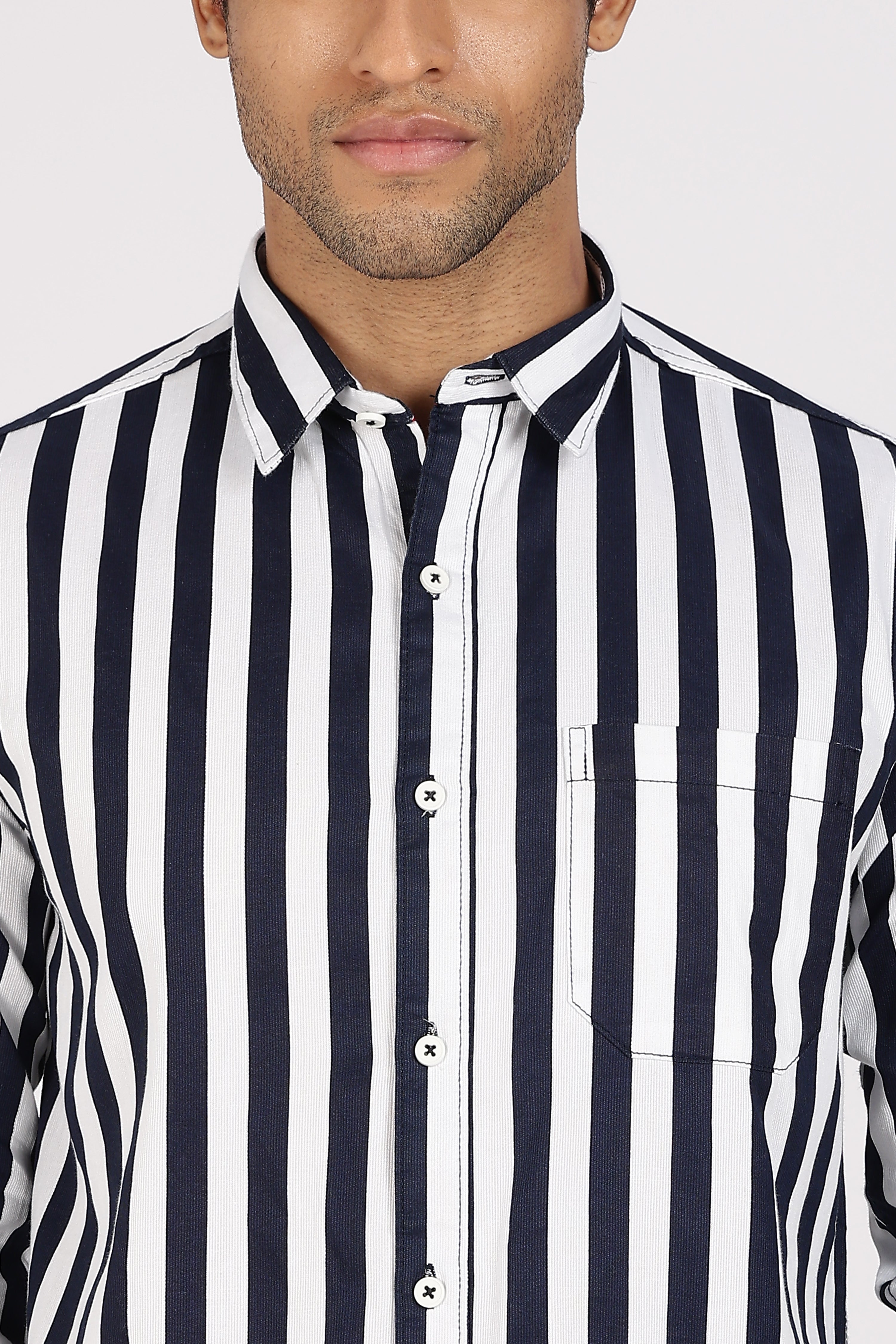 Color Hunt Men's White & Blue Striped Pure Cotton Full Sleeve Shirt