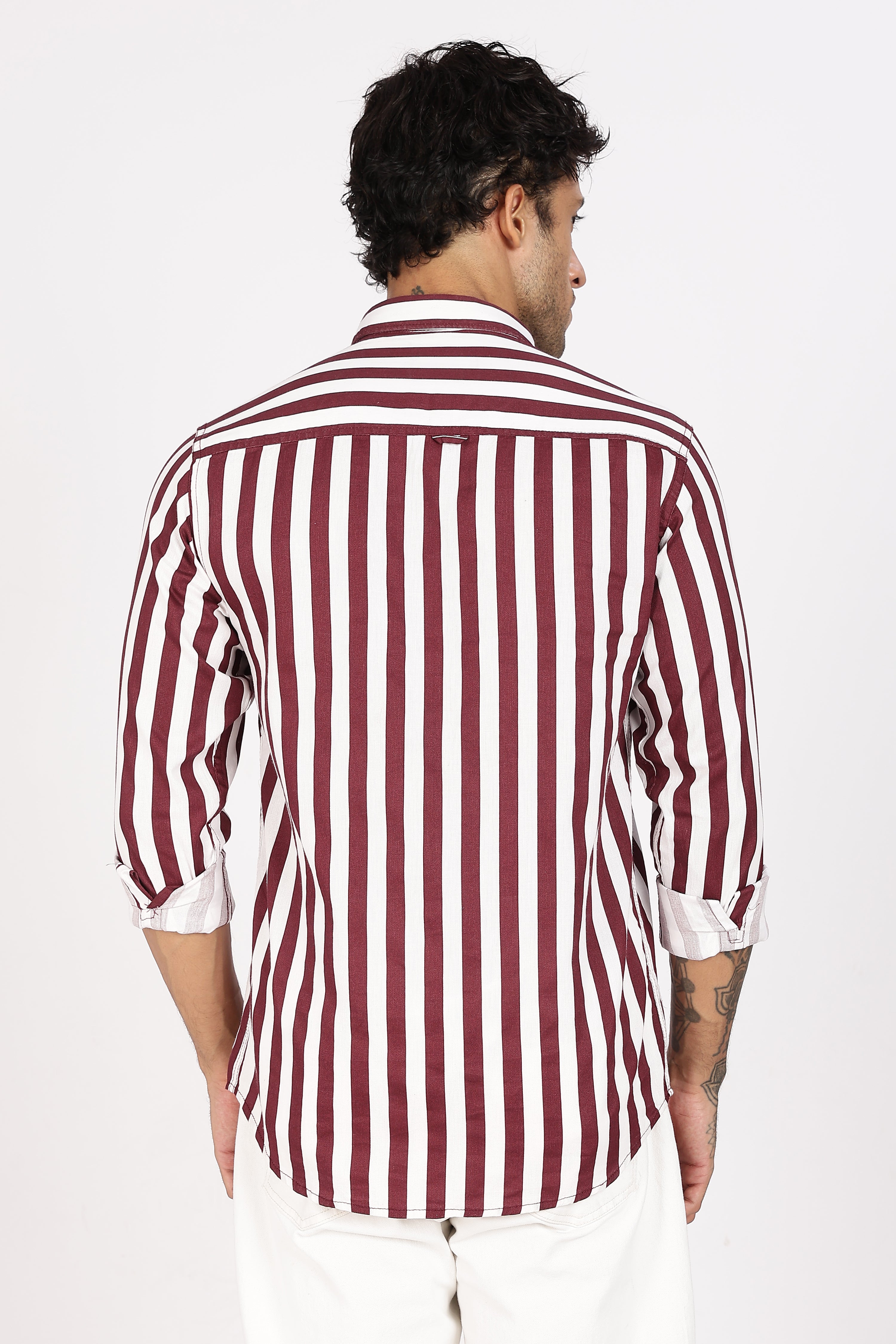 Color Hunt Men's White & Maroon Striped Full Sleeve Pure Cotton Shirt