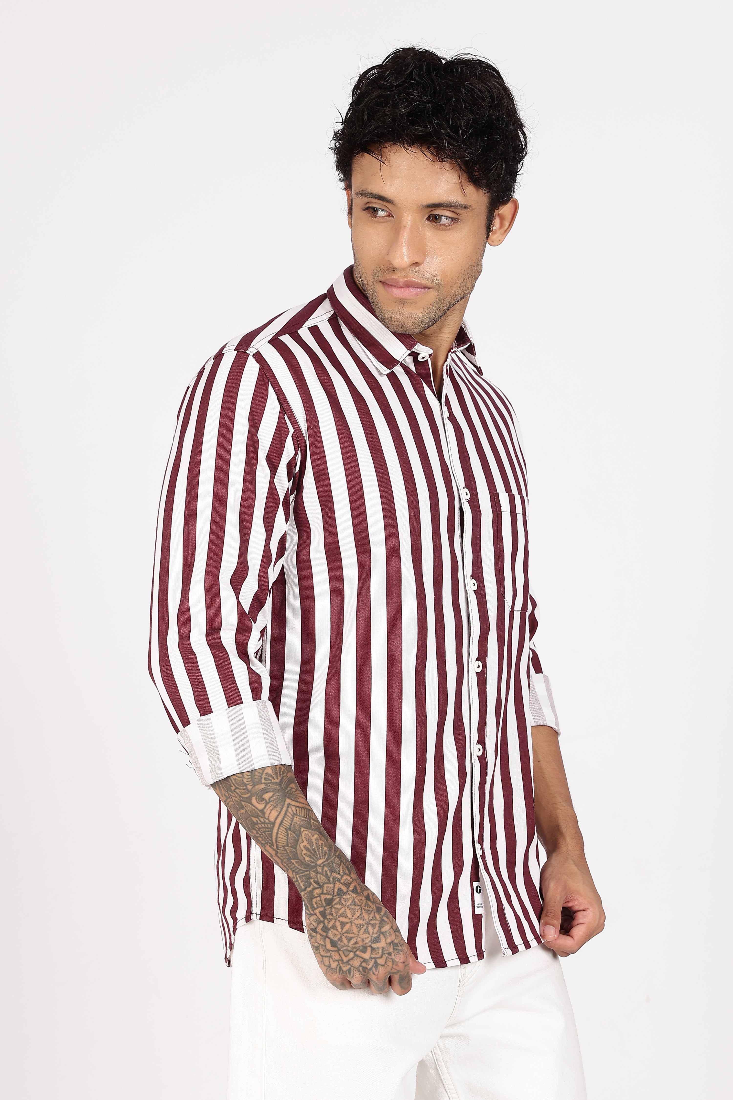 Color Hunt Men's White & Maroon Striped Full Sleeve Pure Cotton Shirt