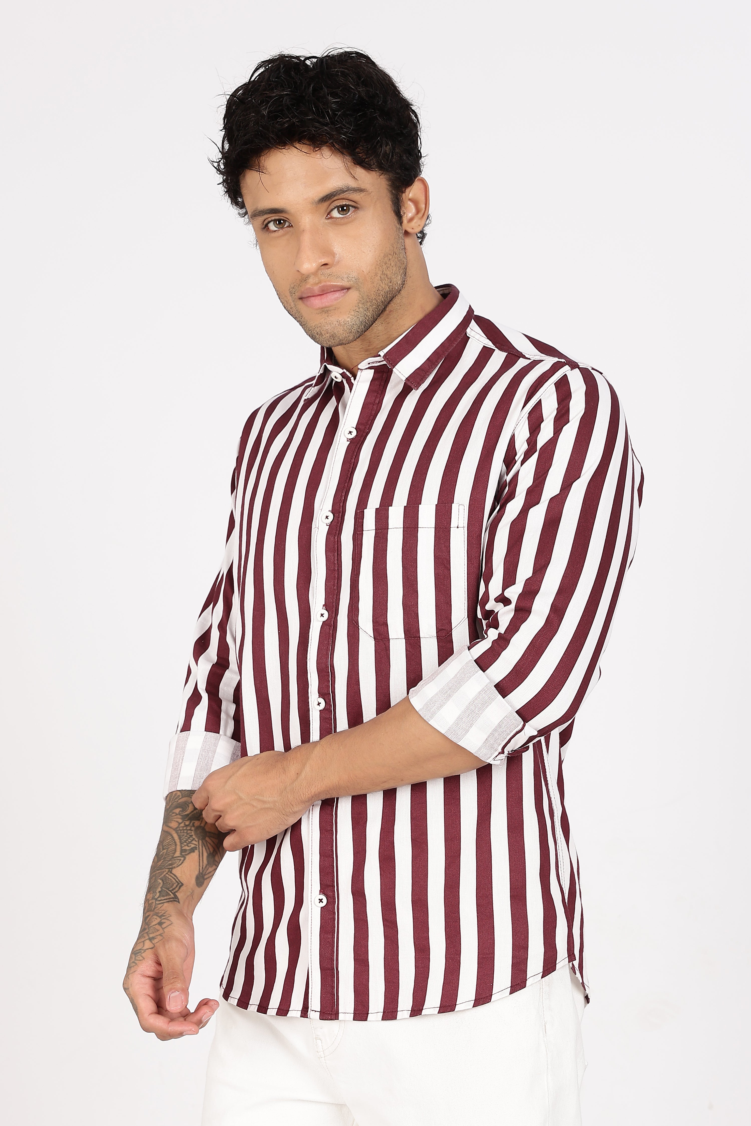 Color Hunt Men's White & Maroon Striped Full Sleeve Pure Cotton Shirt
