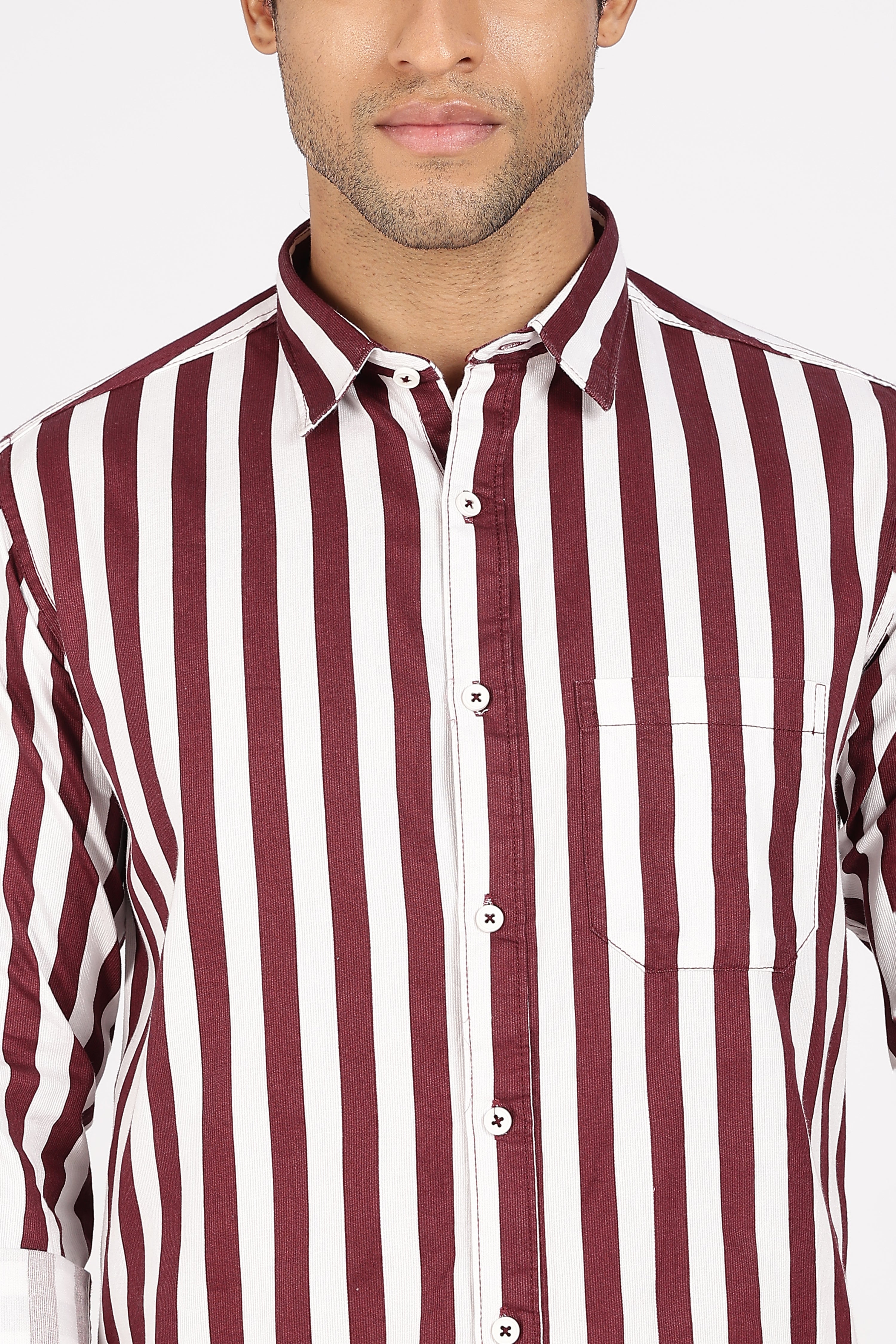 Color Hunt Men's White & Maroon Striped Full Sleeve Pure Cotton Shirt