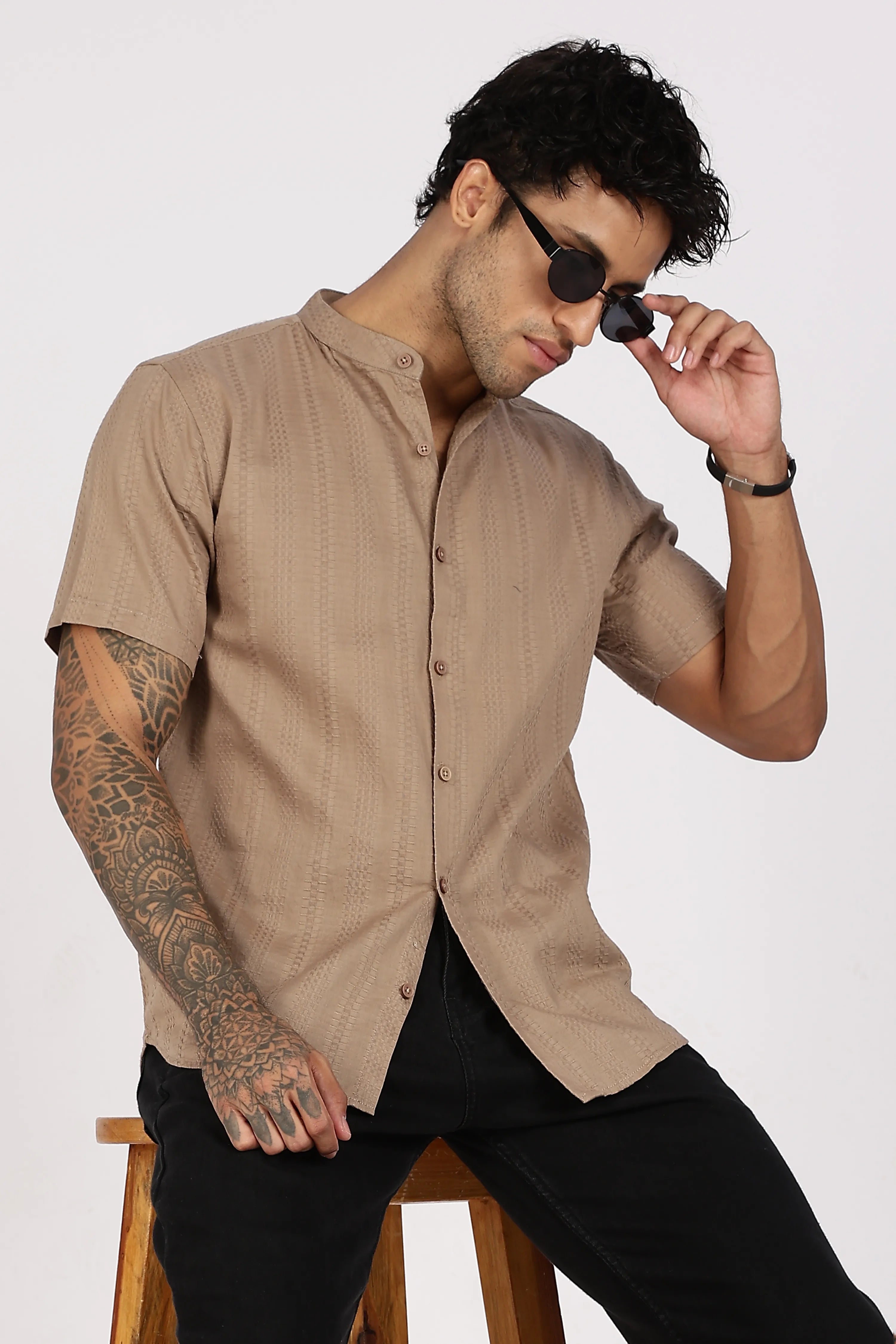 Brown Pure Cotton Half Sleeve Shirt for Men - Color Hunt