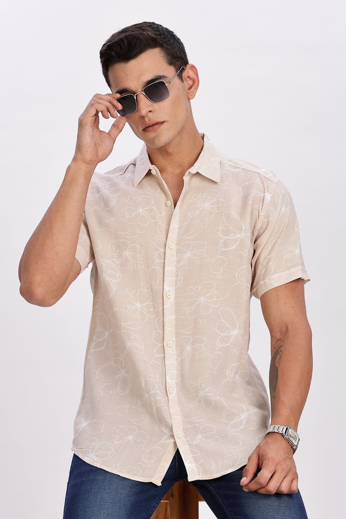 Color Hunt Men's Peach Pink Printed Rayon Half Sleeve Shirt