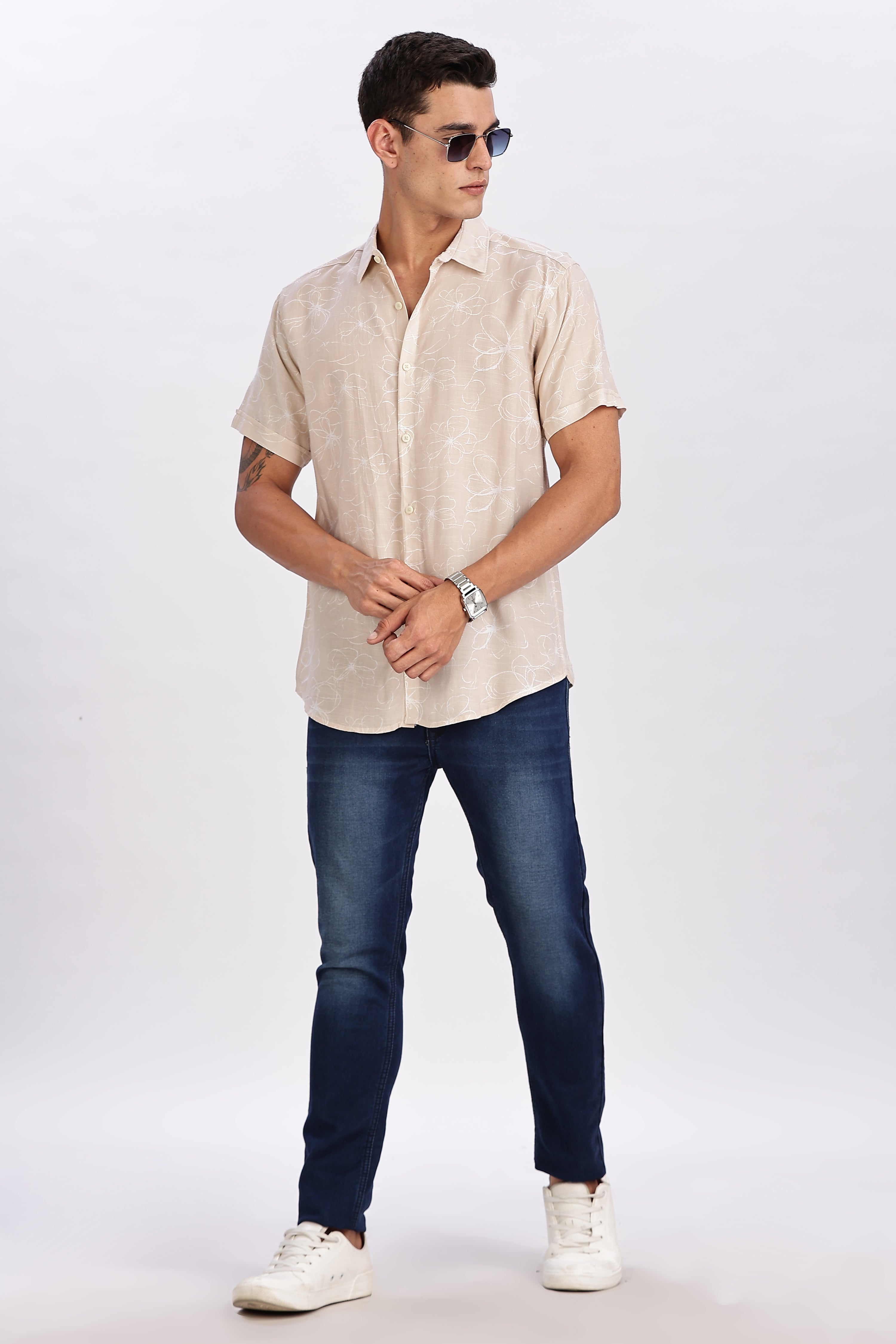 Color Hunt Men's Peach Pink Printed Rayon Half Sleeve Shirt