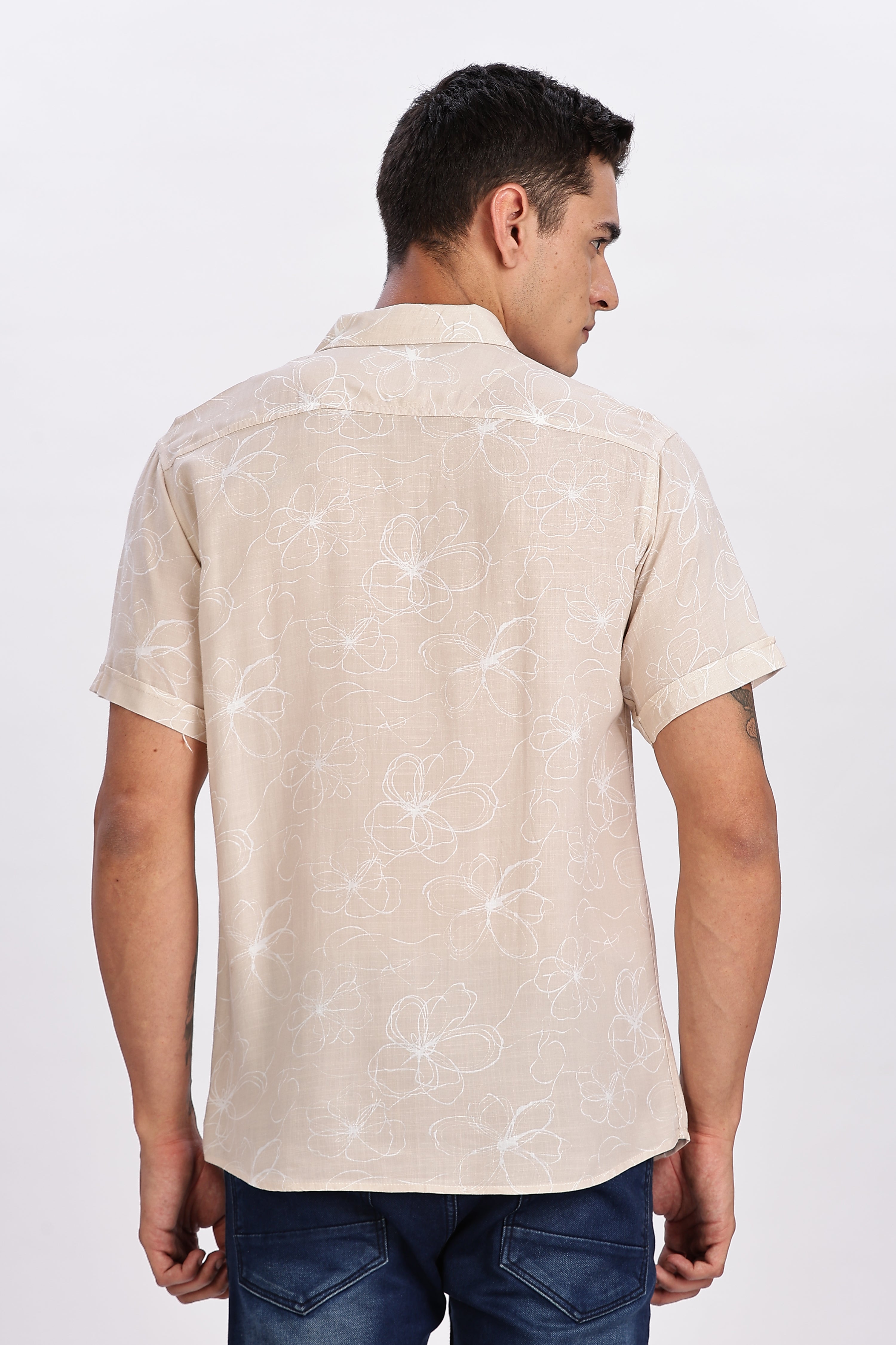 Color Hunt Men's Peach Pink Printed Rayon Half Sleeve Shirt