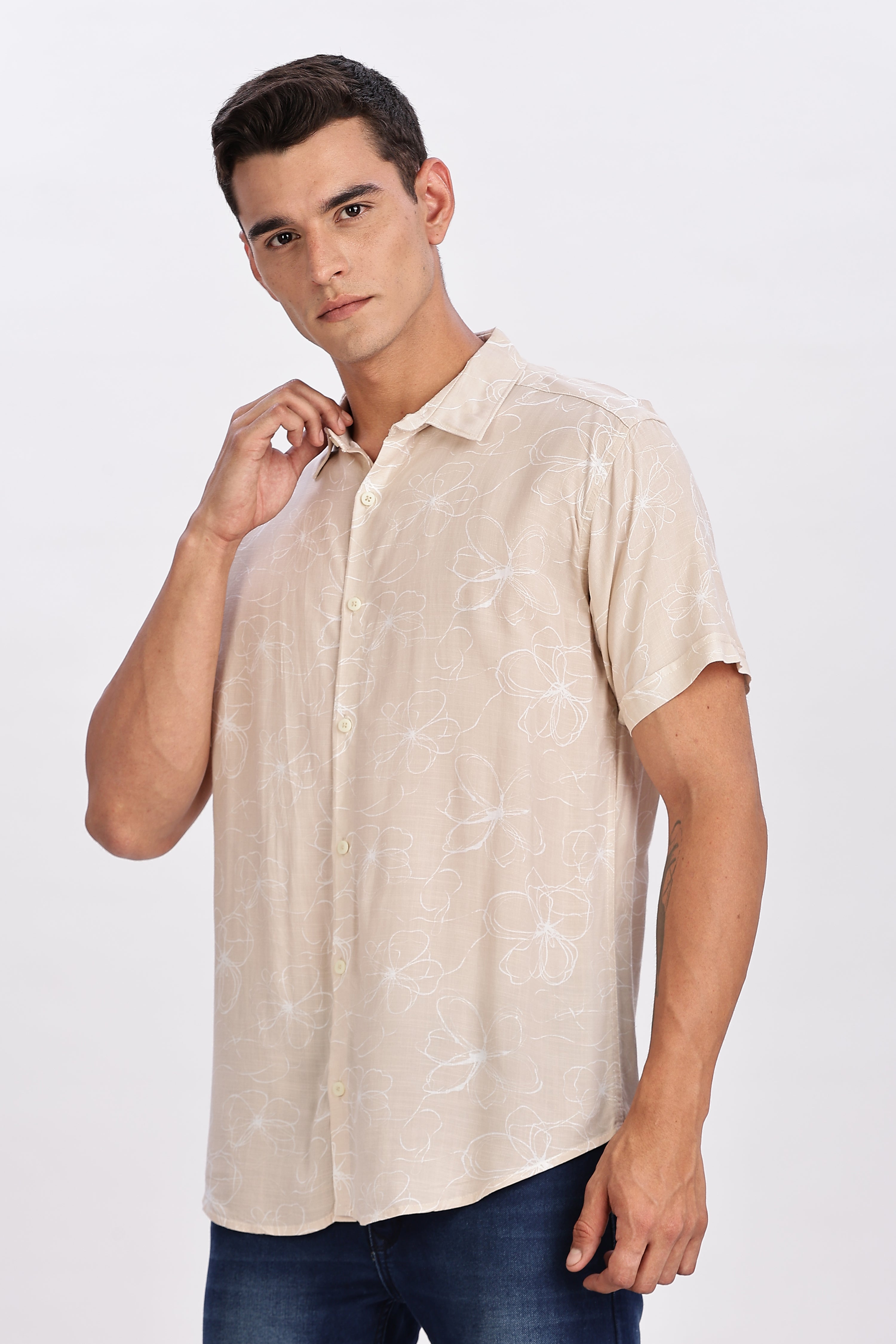 Color Hunt Men's Peach Pink Printed Rayon Half Sleeve Shirt