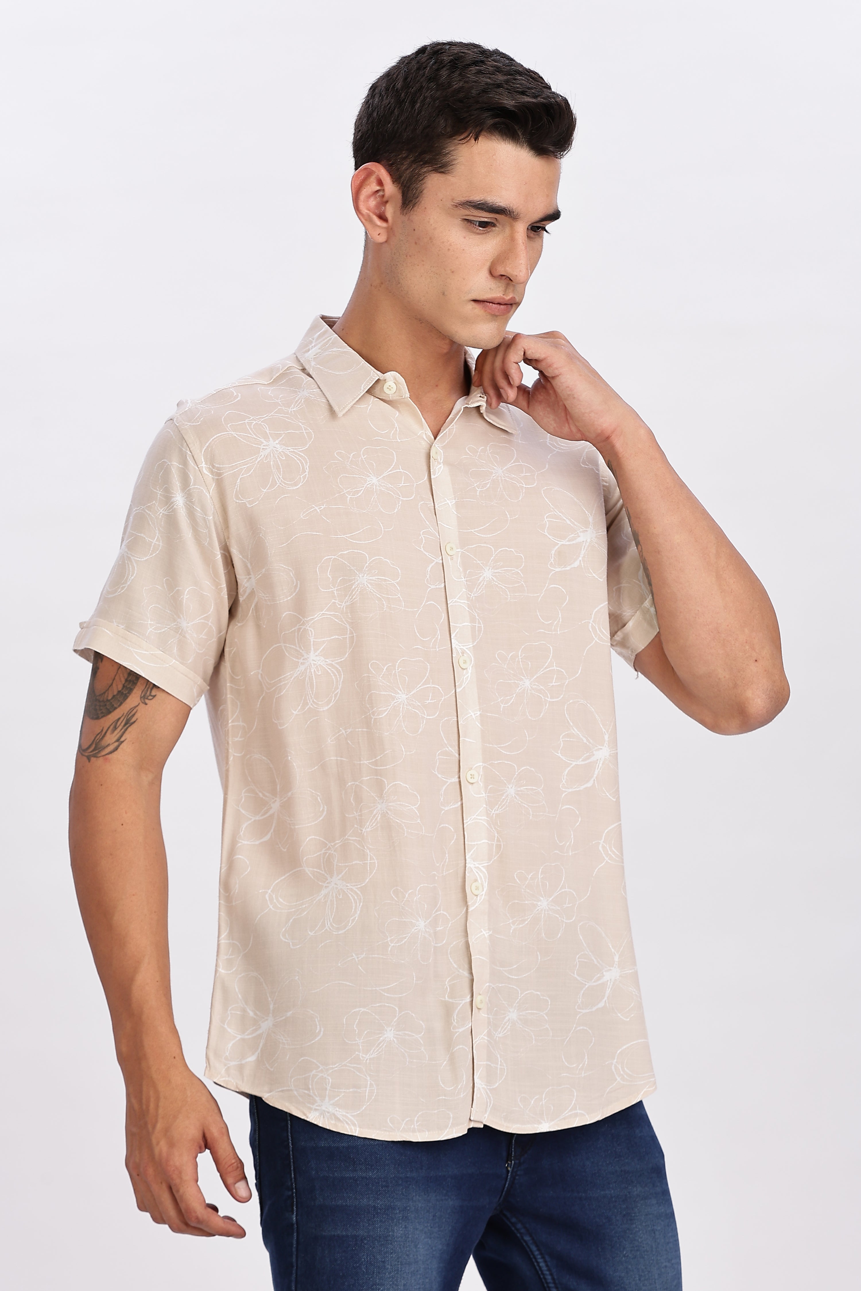 Color Hunt Men's Peach Pink Printed Rayon Half Sleeve Shirt