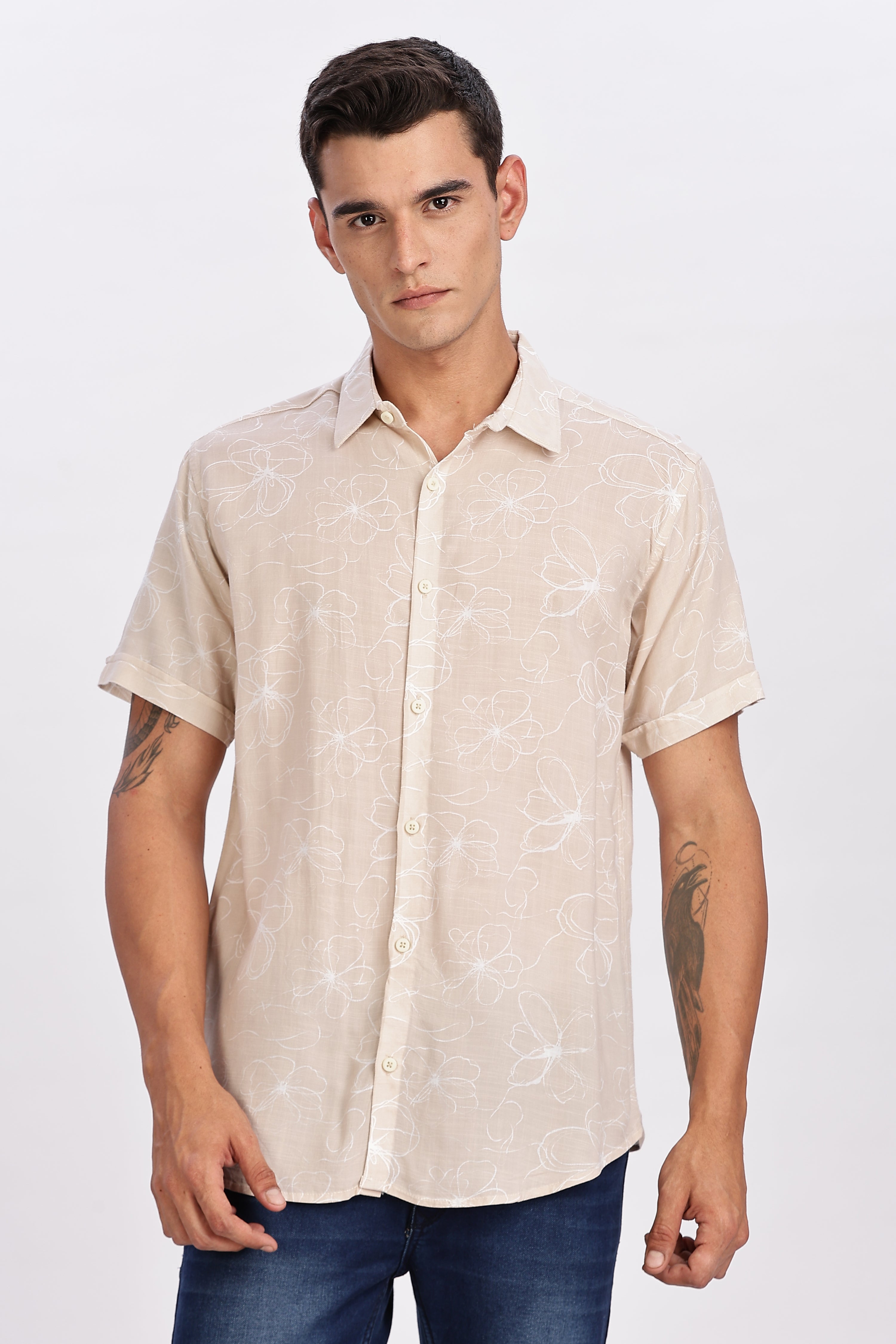 Color Hunt Men's Peach Pink Printed Rayon Half Sleeve Shirt