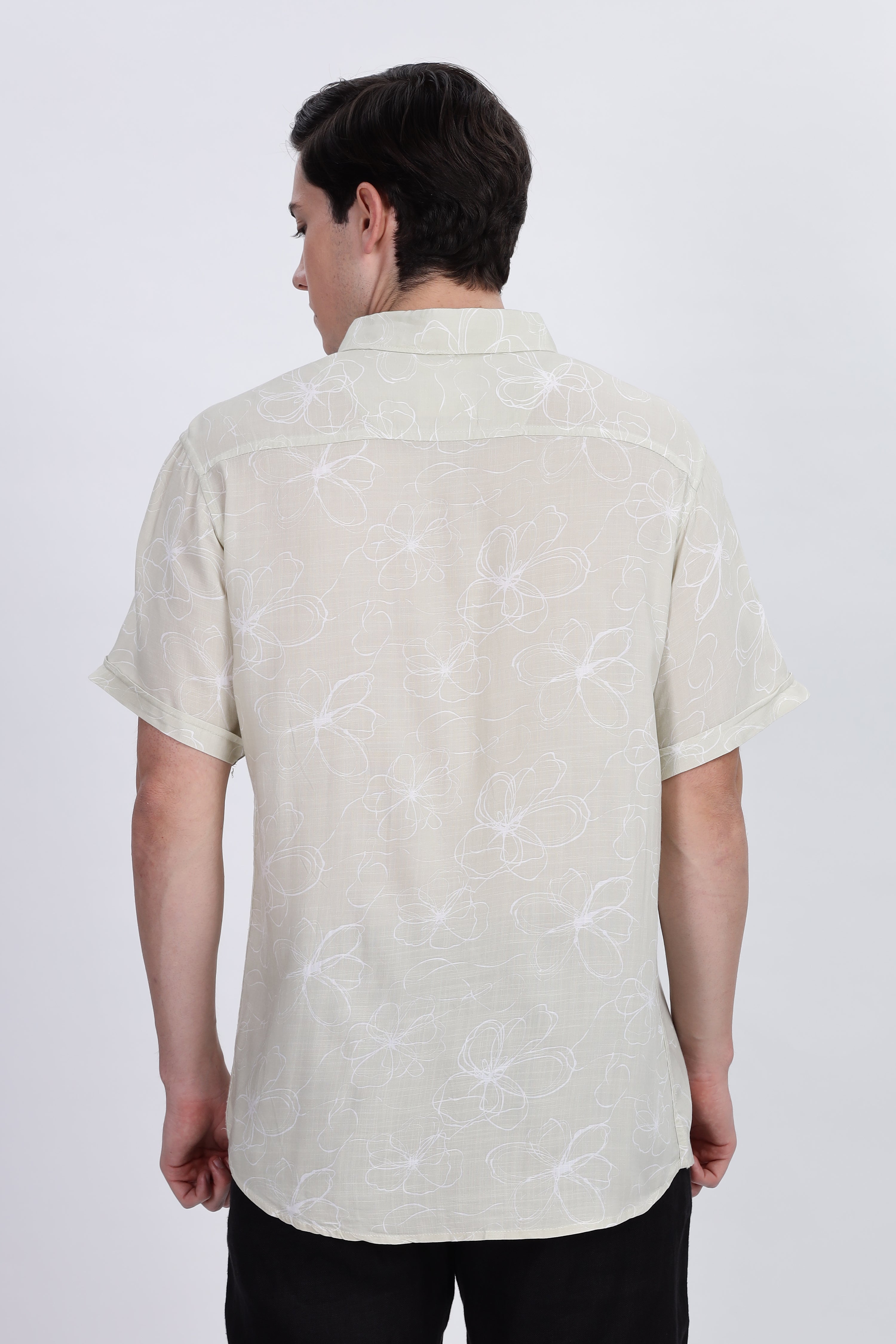 Color Hunt Men's Light Olive Printed Half Sleeve Rayon Shirt