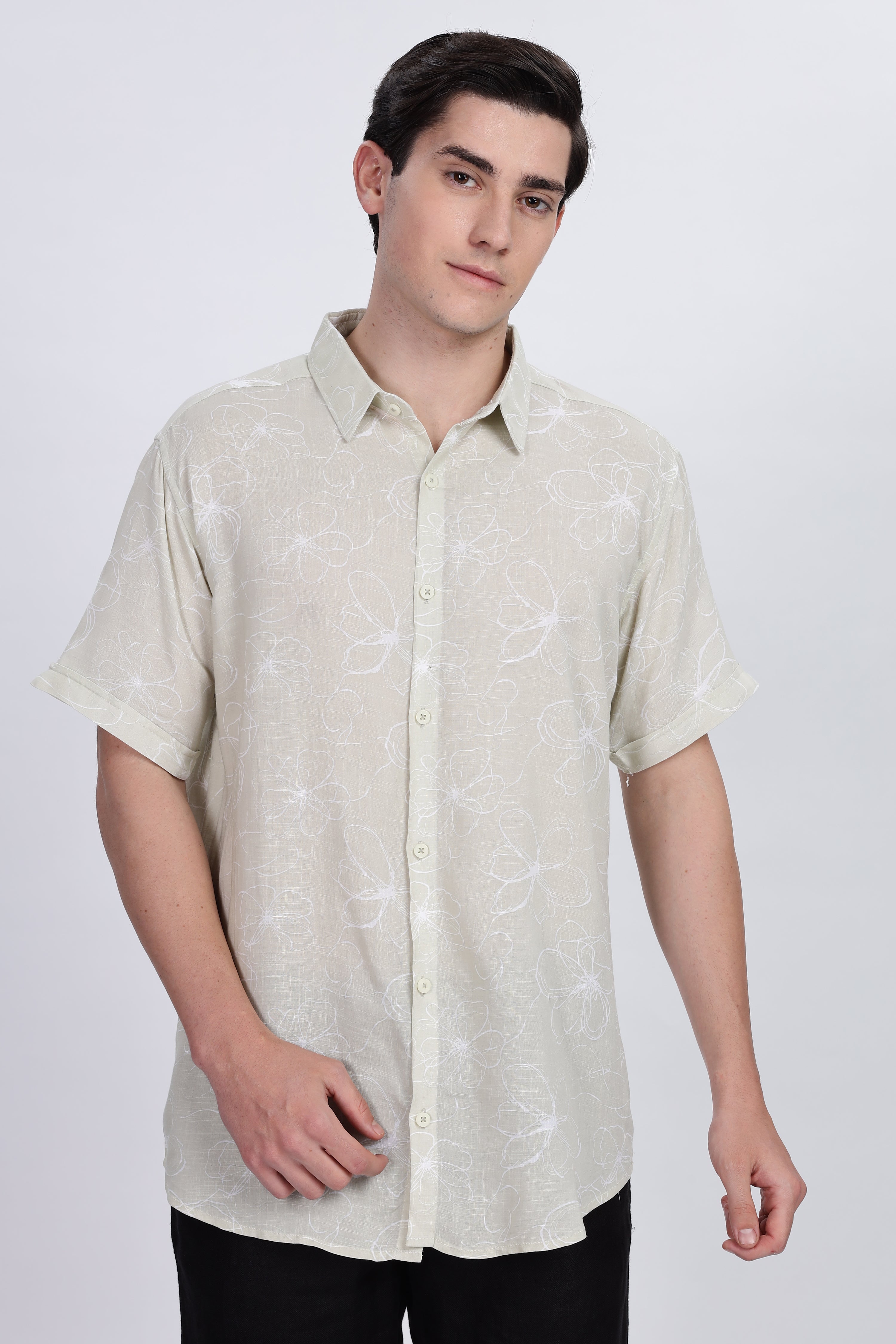 Color Hunt Men's Light Olive Printed Half Sleeve Rayon Shirt