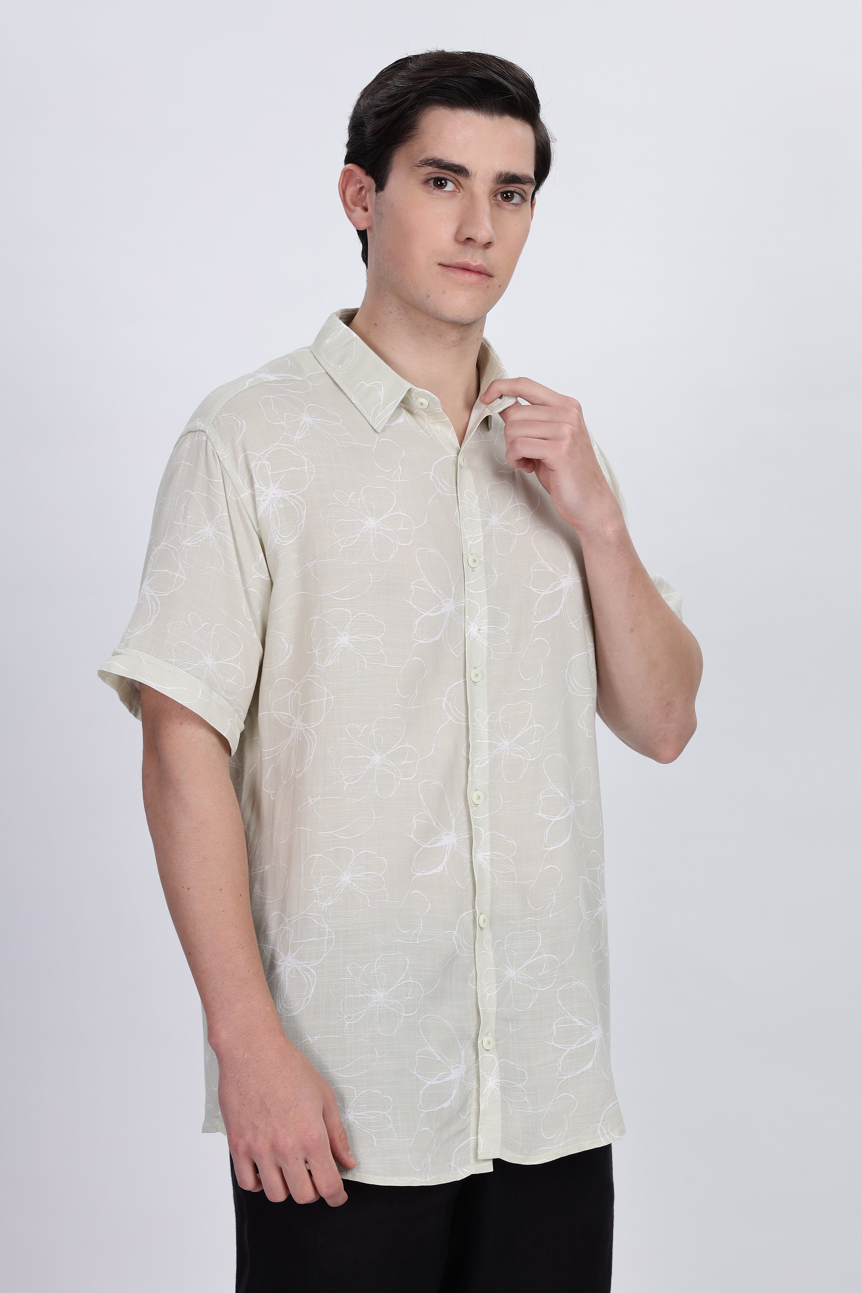 Color Hunt Men's Light Olive Printed Half Sleeve Rayon Shirt