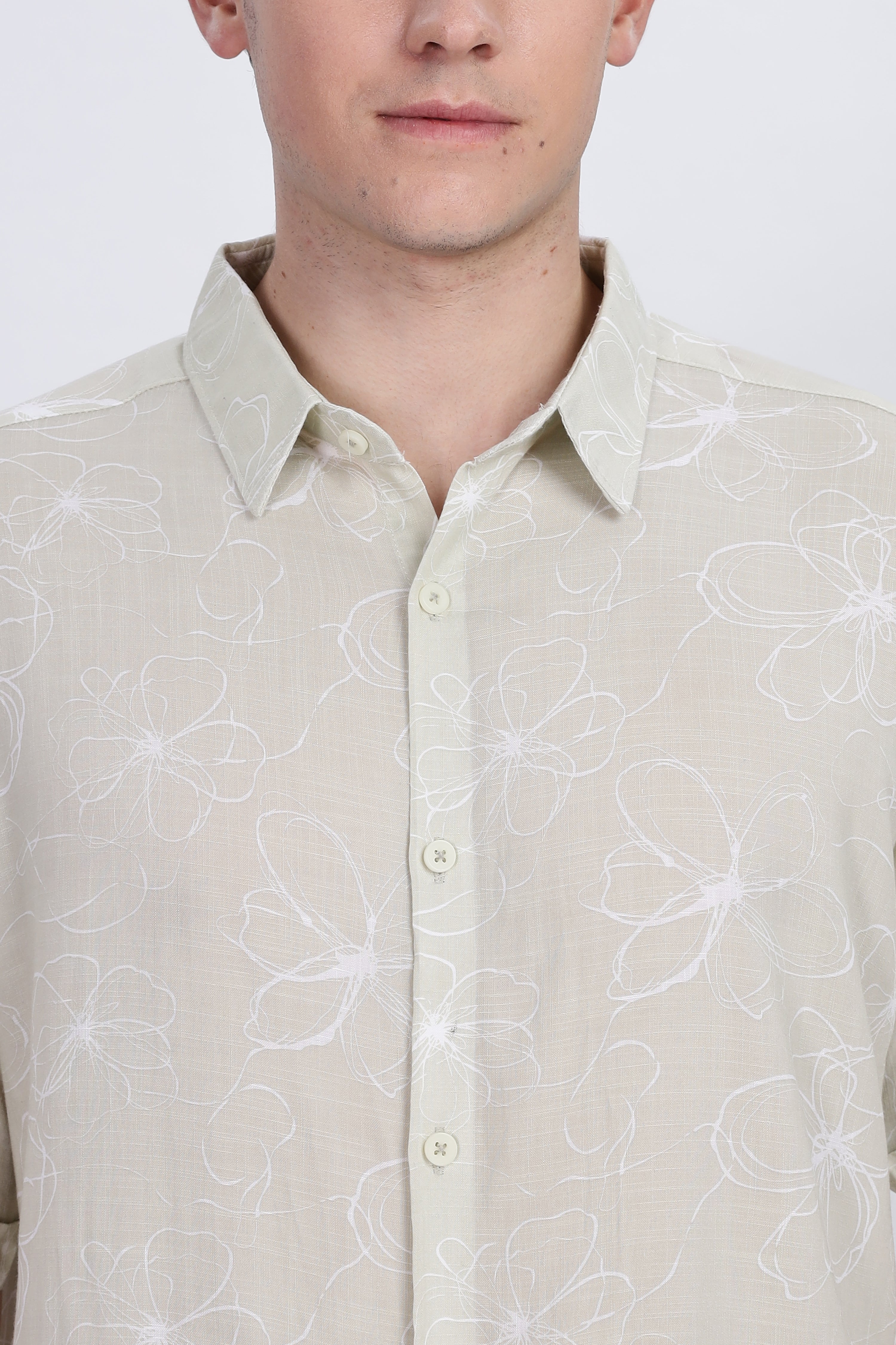 Color Hunt Men's Light Olive Printed Half Sleeve Rayon Shirt