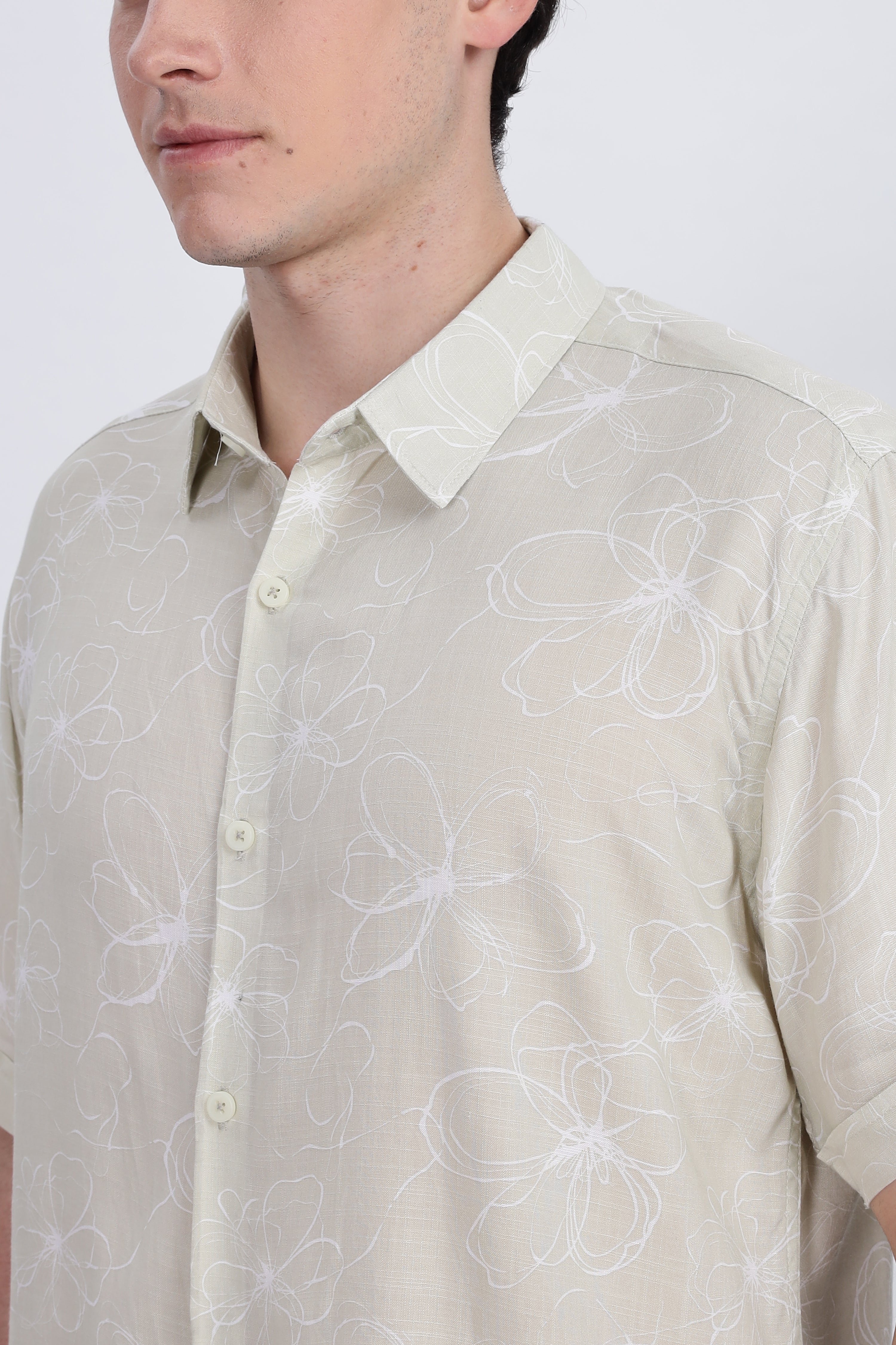 Color Hunt Men's Light Olive Printed Half Sleeve Rayon Shirt