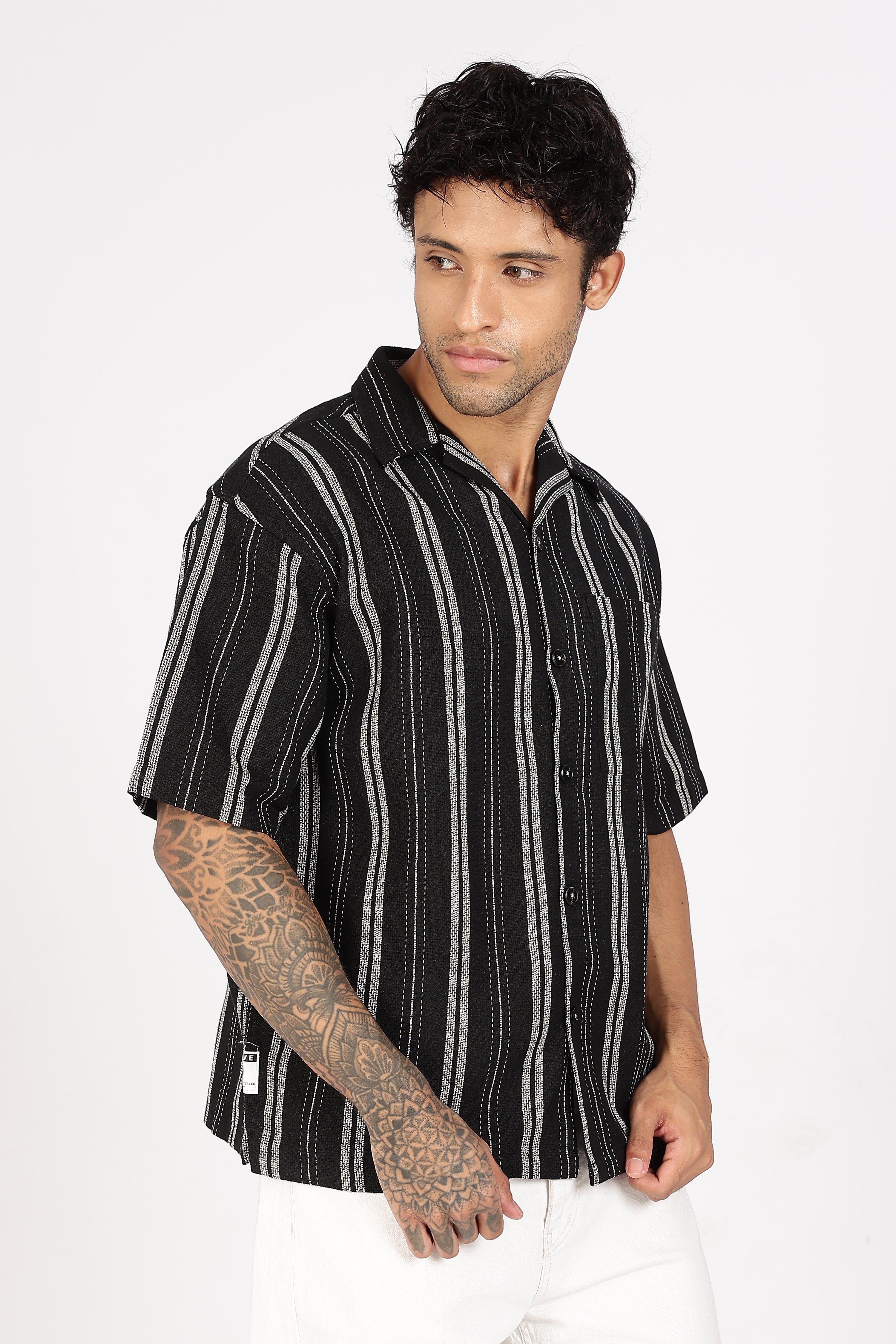Color Hunt Men's Black Striped Half Sleeve Pure Cotton Shirt
