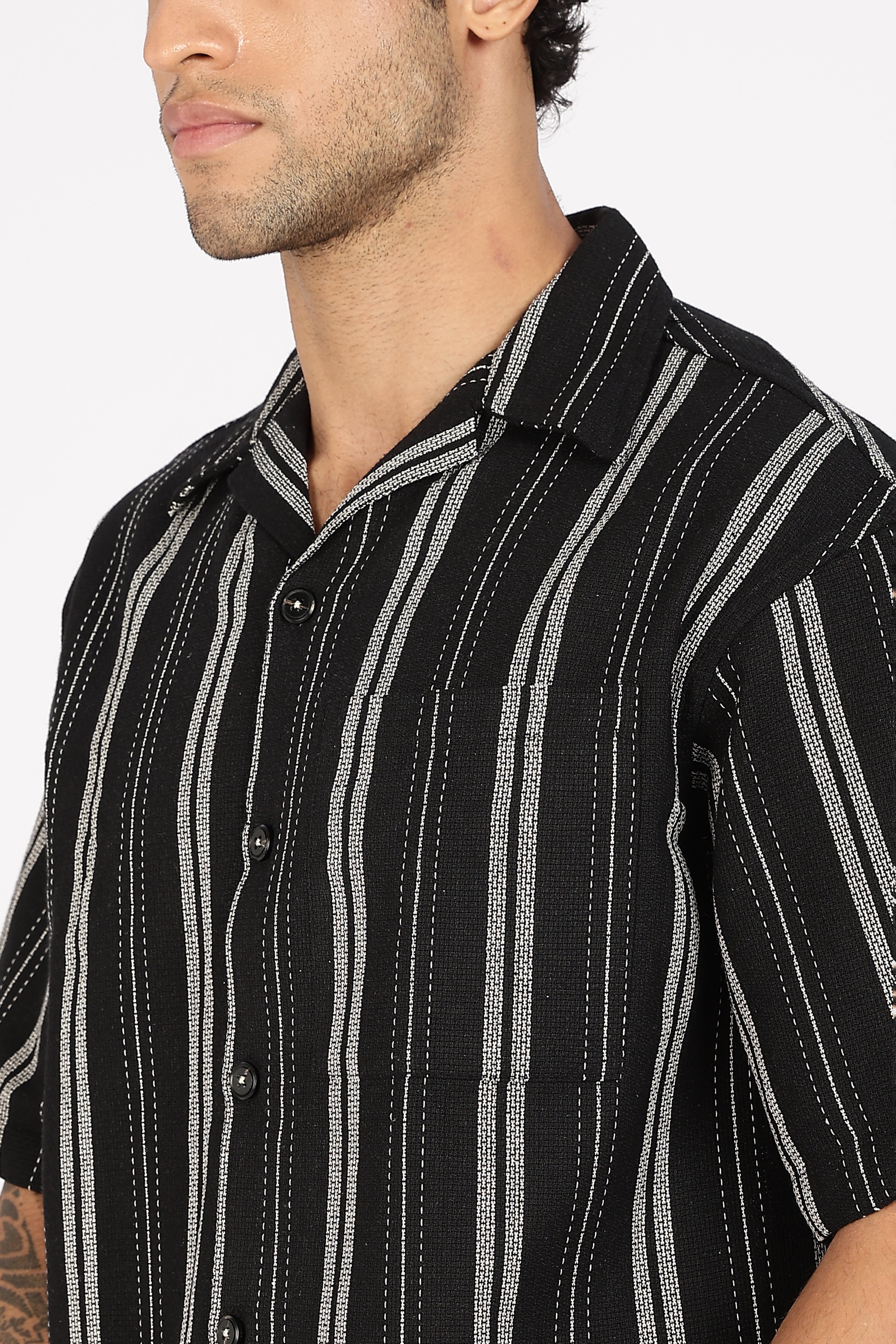 Color Hunt Men's Black Striped Half Sleeve Pure Cotton Shirt