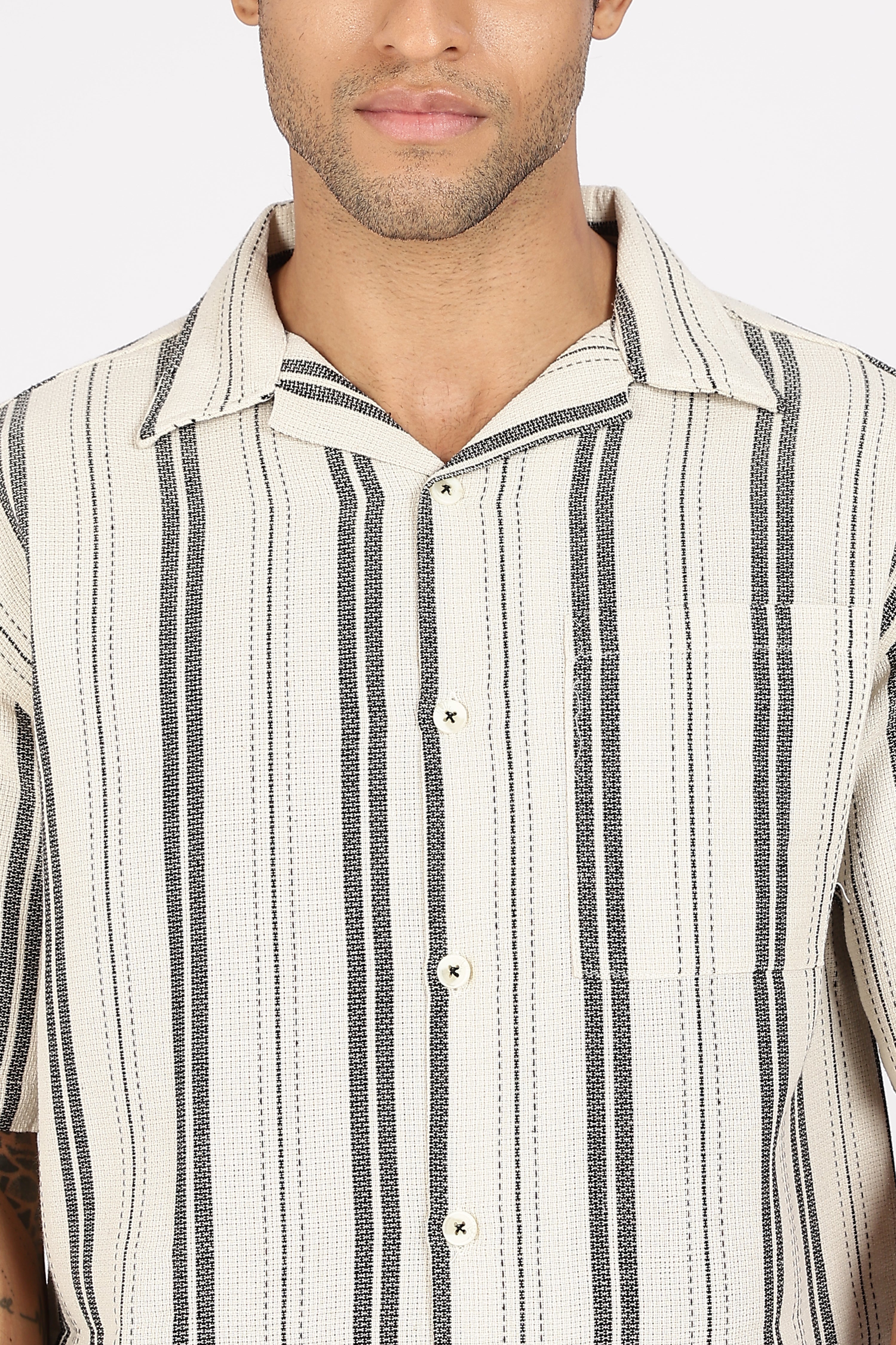 Color Hunt Men's Cream Striped Half Sleeve Pure Cotton Shirt