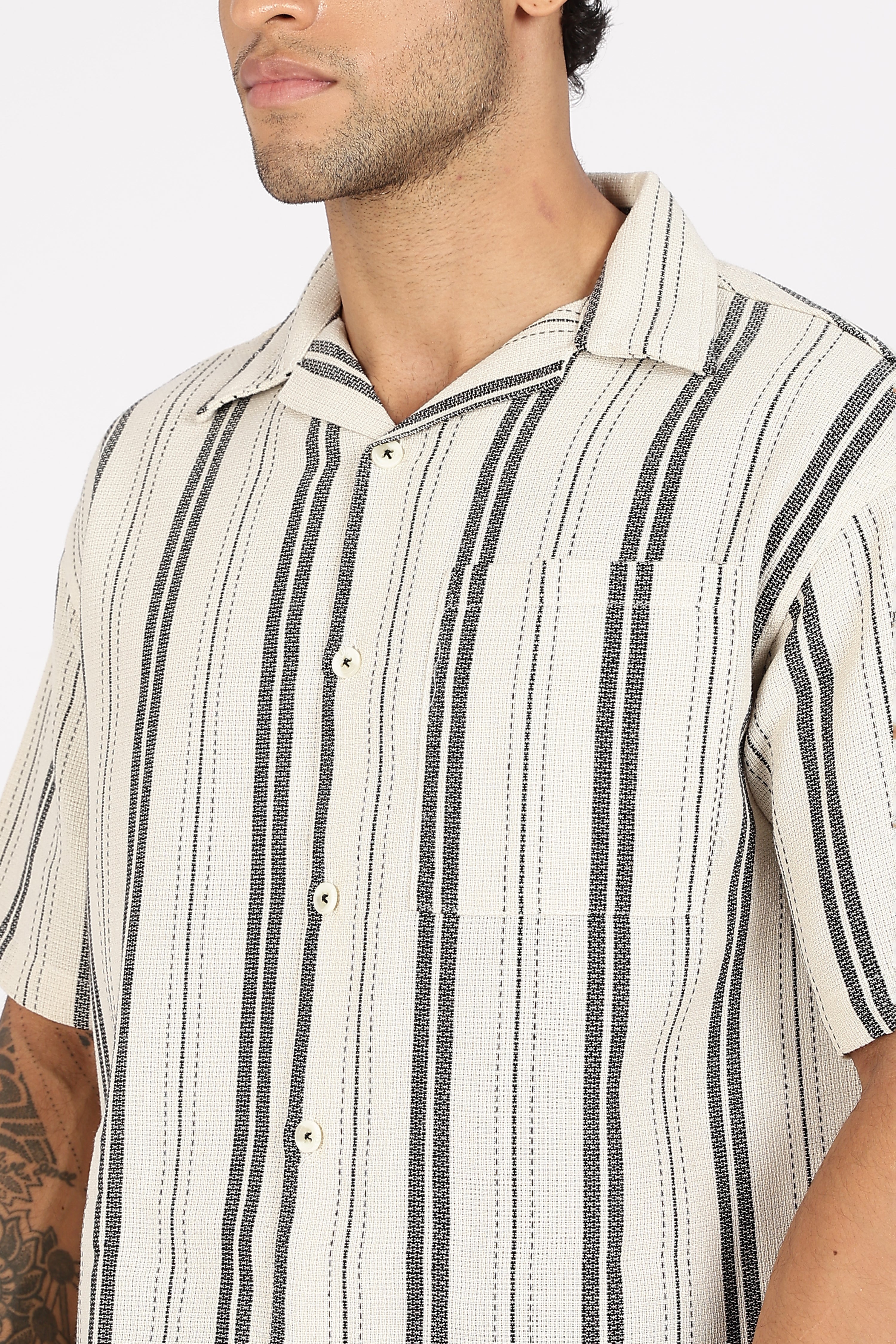 Color Hunt Men's Cream Striped Half Sleeve Pure Cotton Shirt