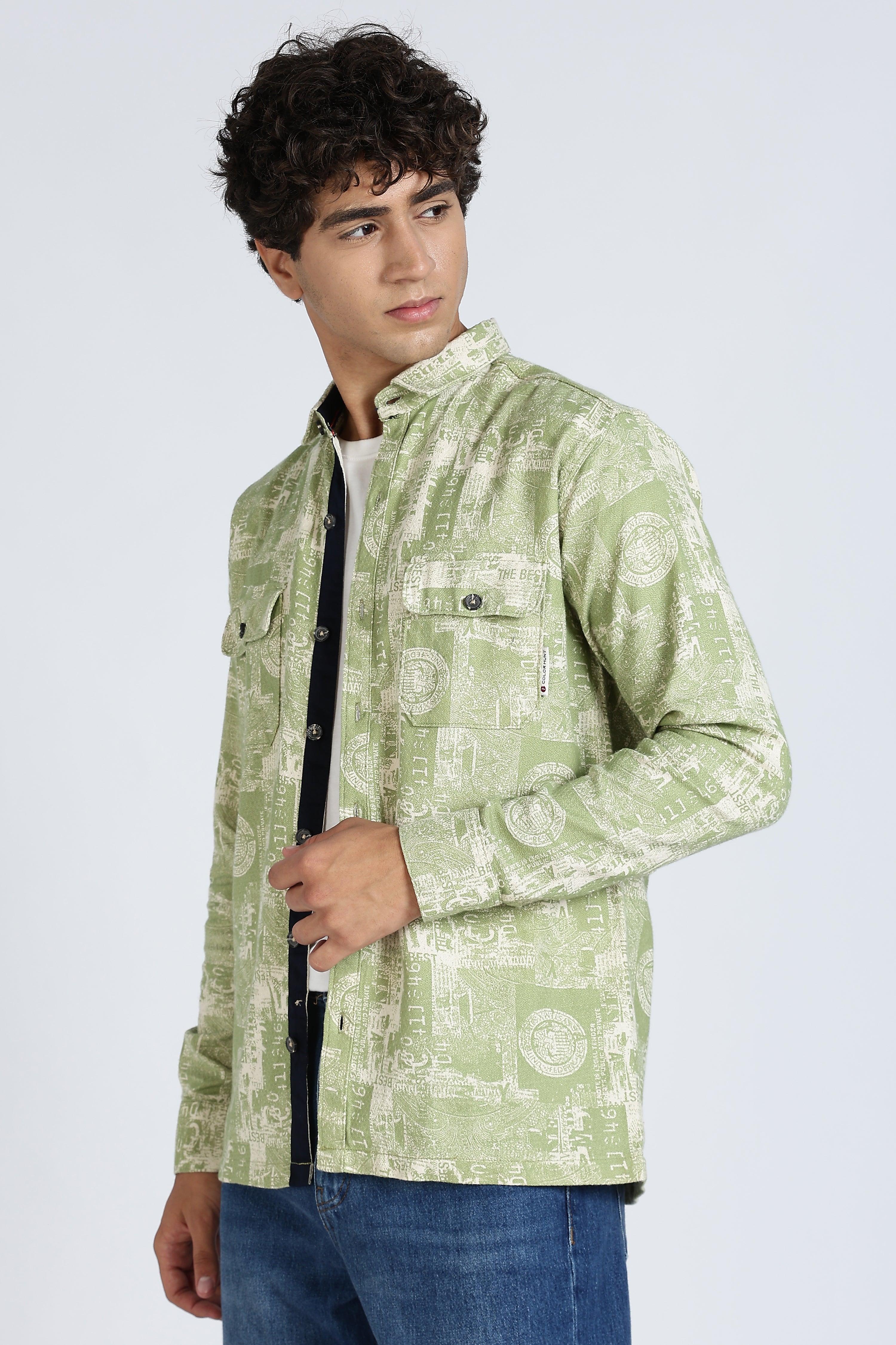 Color Hunt Men's Green Full Sleeve Printed Cotton Shacket