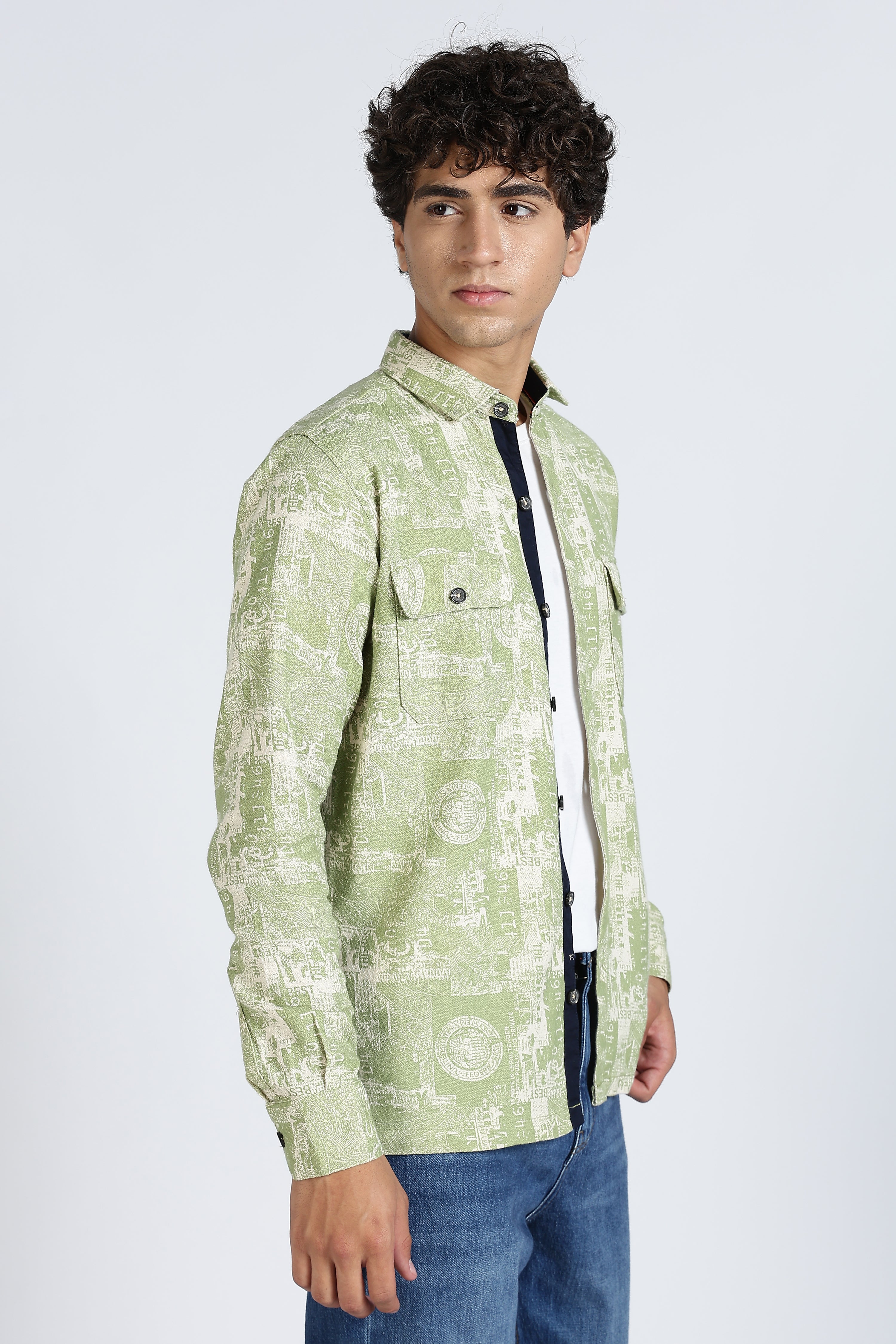 Color Hunt Men's Green Full Sleeve Printed Cotton Shacket