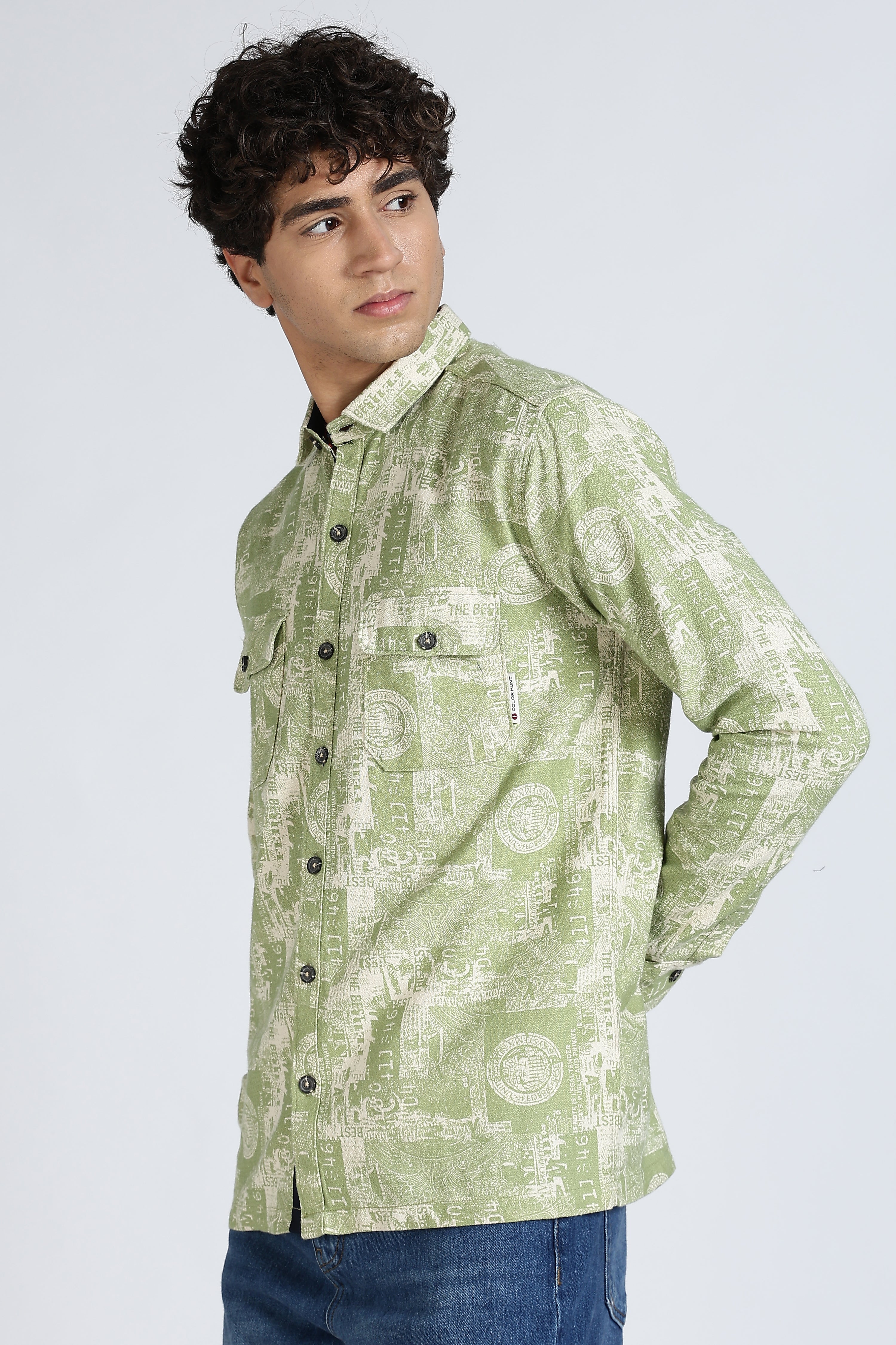 Color Hunt Men's Green Full Sleeve Printed Cotton Shacket