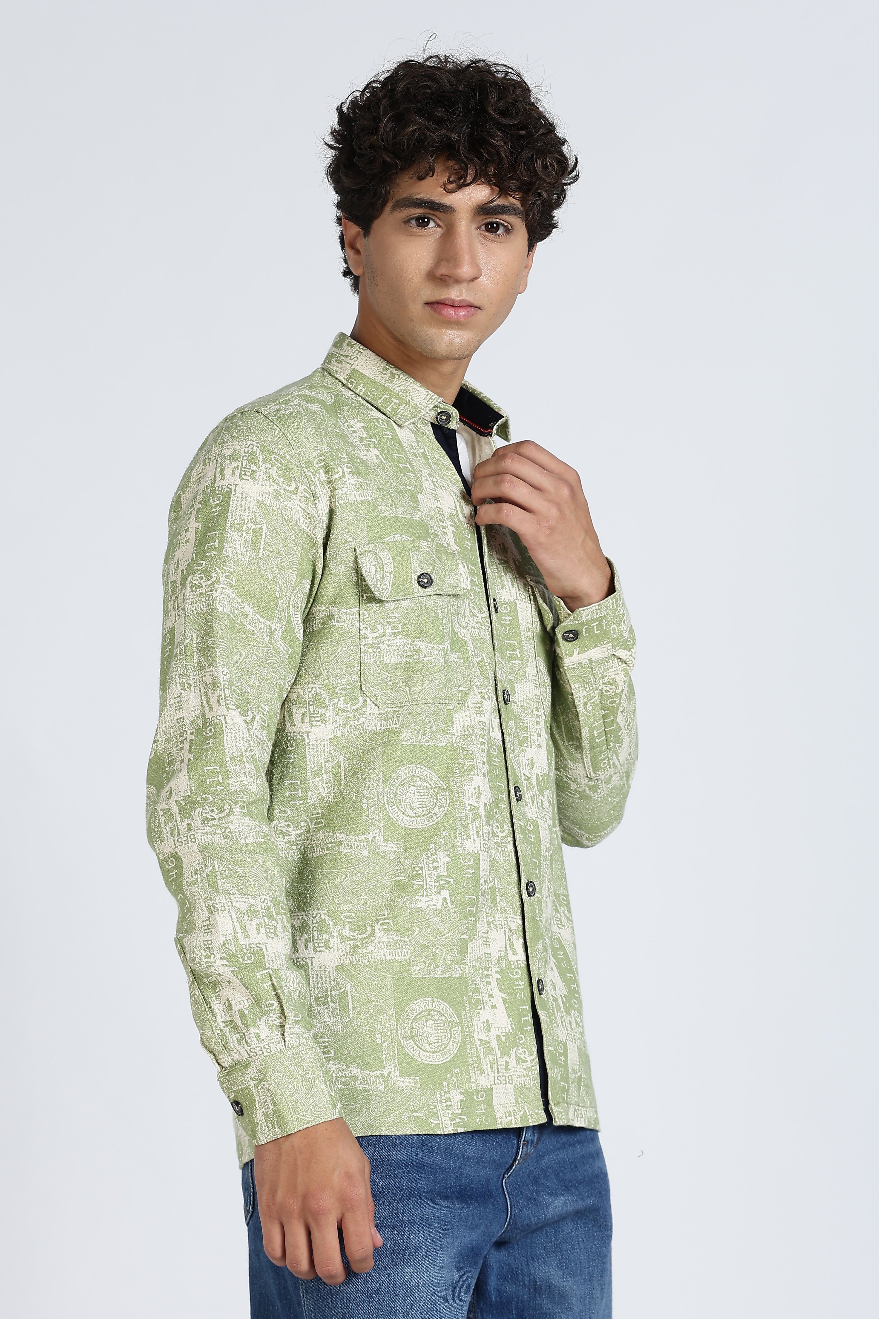 Color Hunt Men's Green Full Sleeve Printed Cotton Shacket