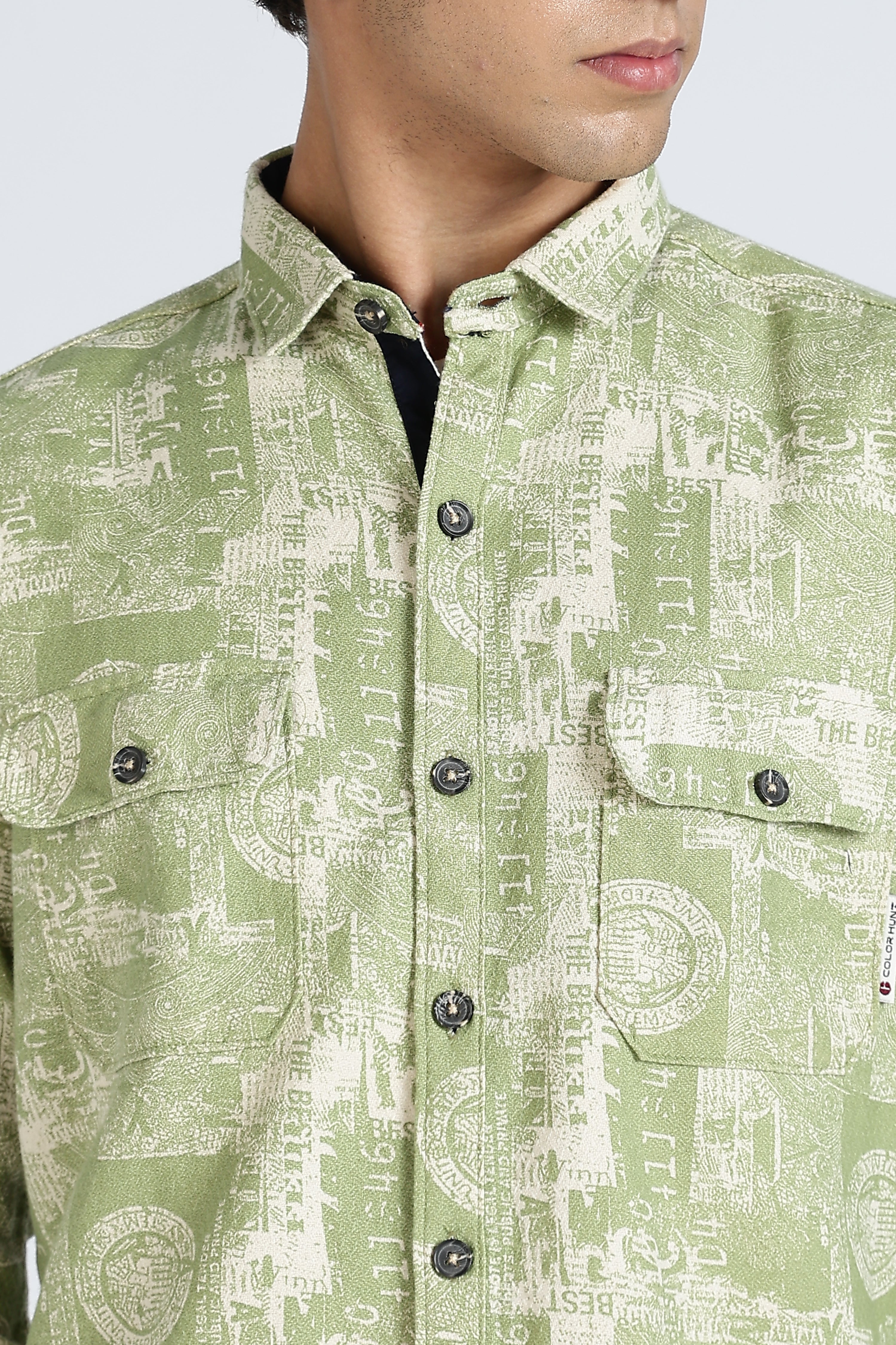 Color Hunt Men's Green Full Sleeve Printed Cotton Shacket