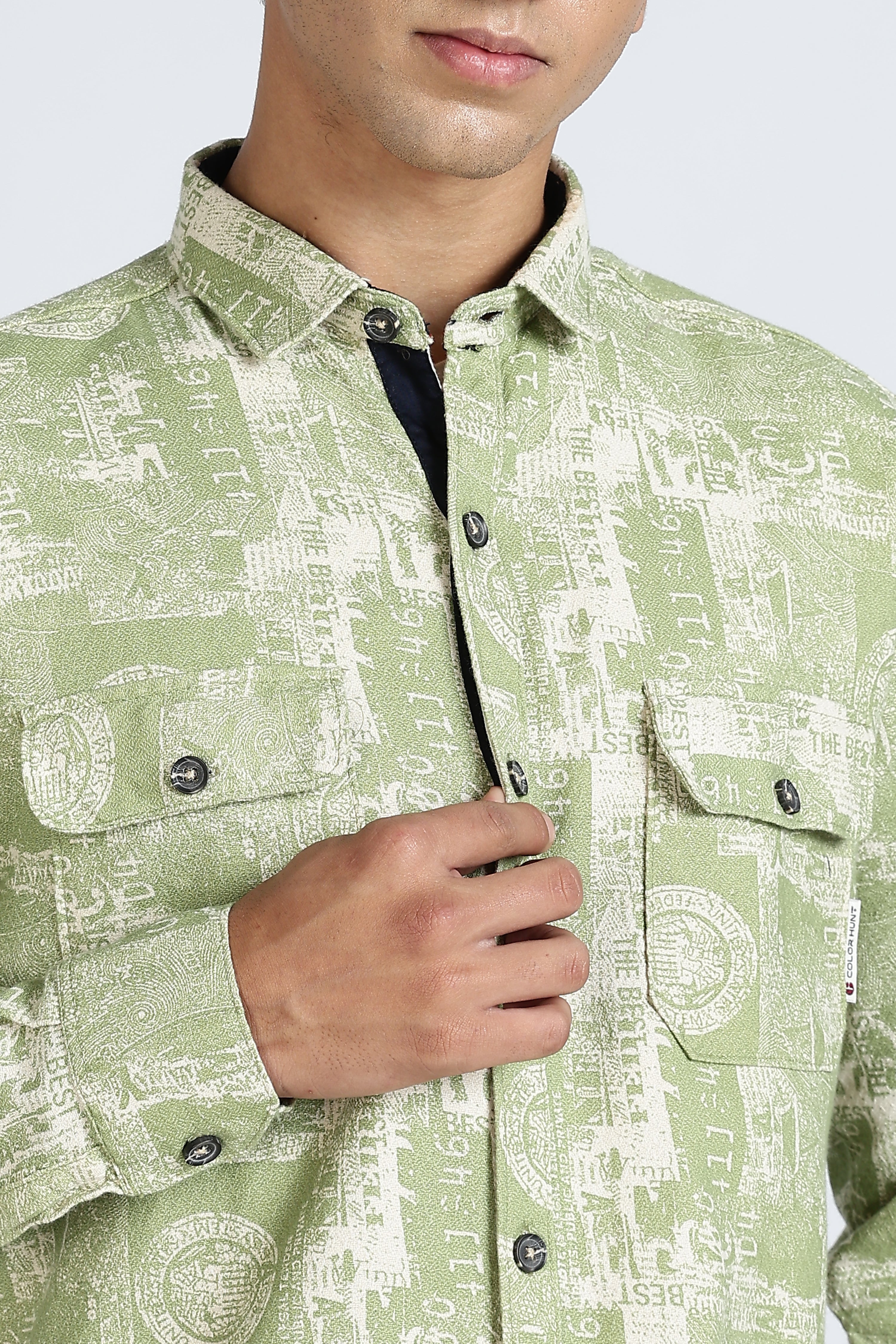 Color Hunt Men's Green Full Sleeve Printed Cotton Shacket