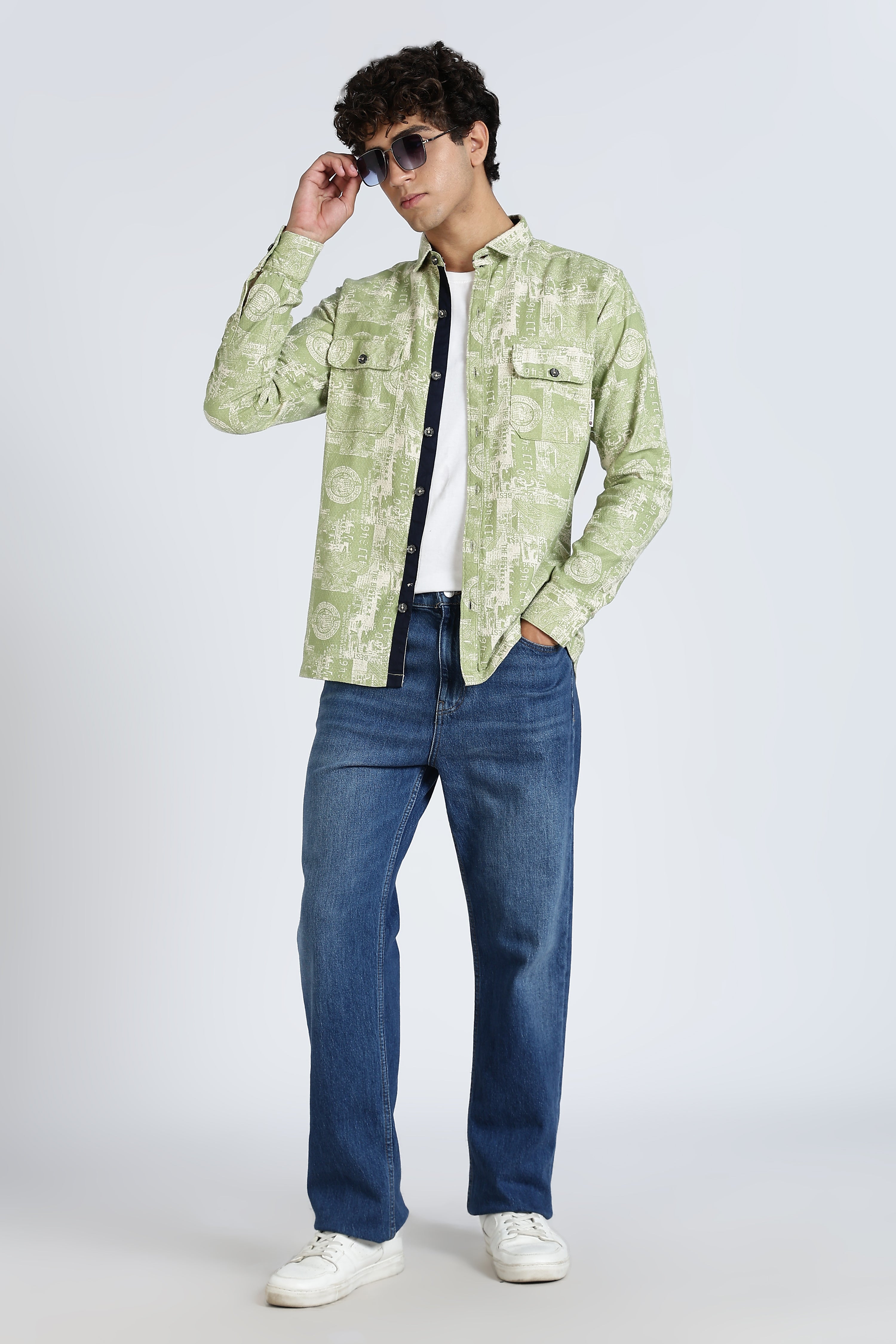 Color Hunt Men's Green Full Sleeve Printed Cotton Shacket