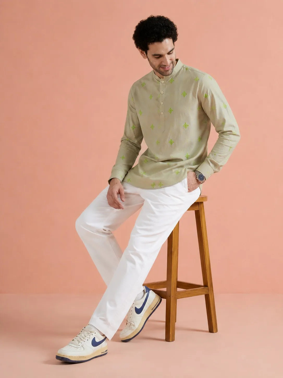 COLOR HUNT Men’s Beige Embroidered Short Kurta with Mandarin Collar