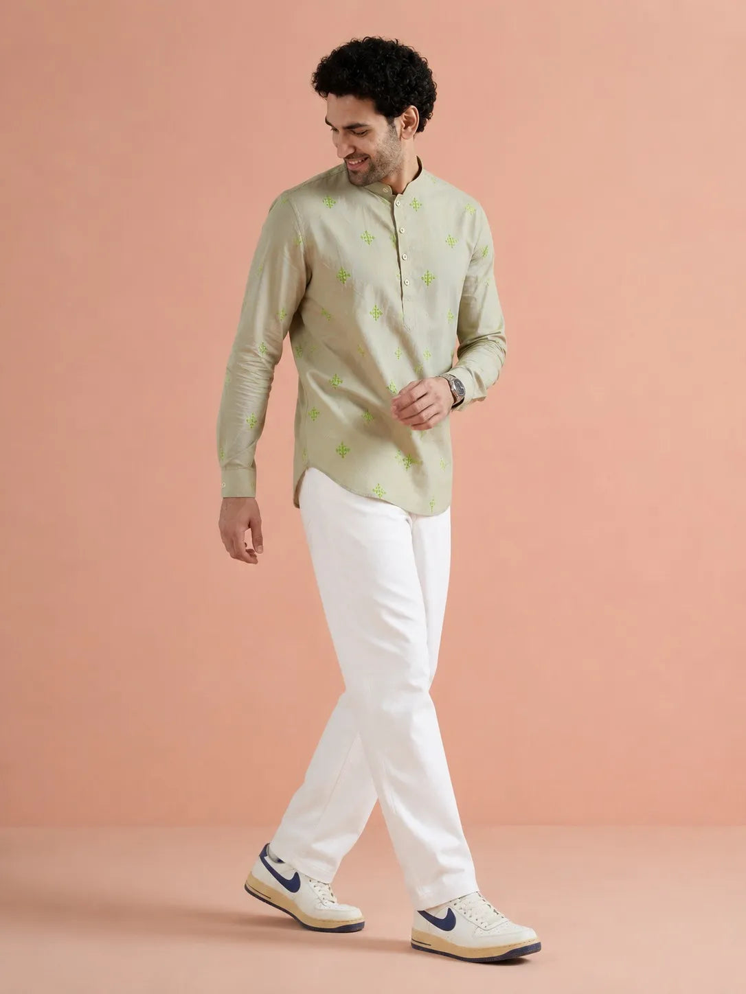 COLOR HUNT Men’s Beige Embroidered Short Kurta with Mandarin Collar