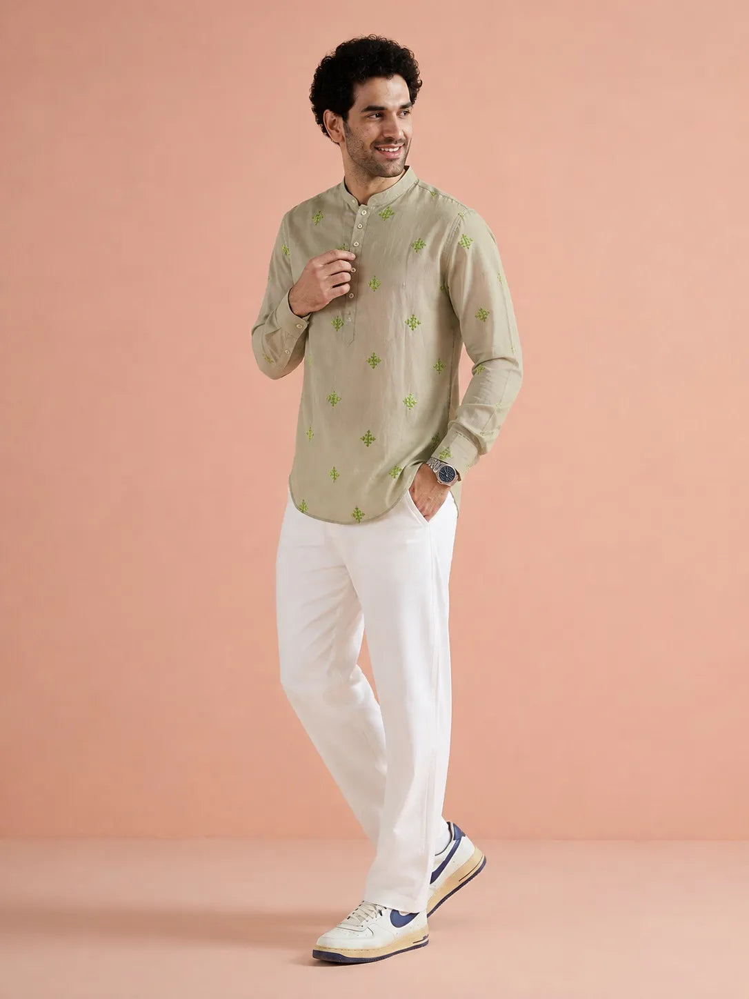 COLOR HUNT Men’s Beige Embroidered Short Kurta with Mandarin Collar
