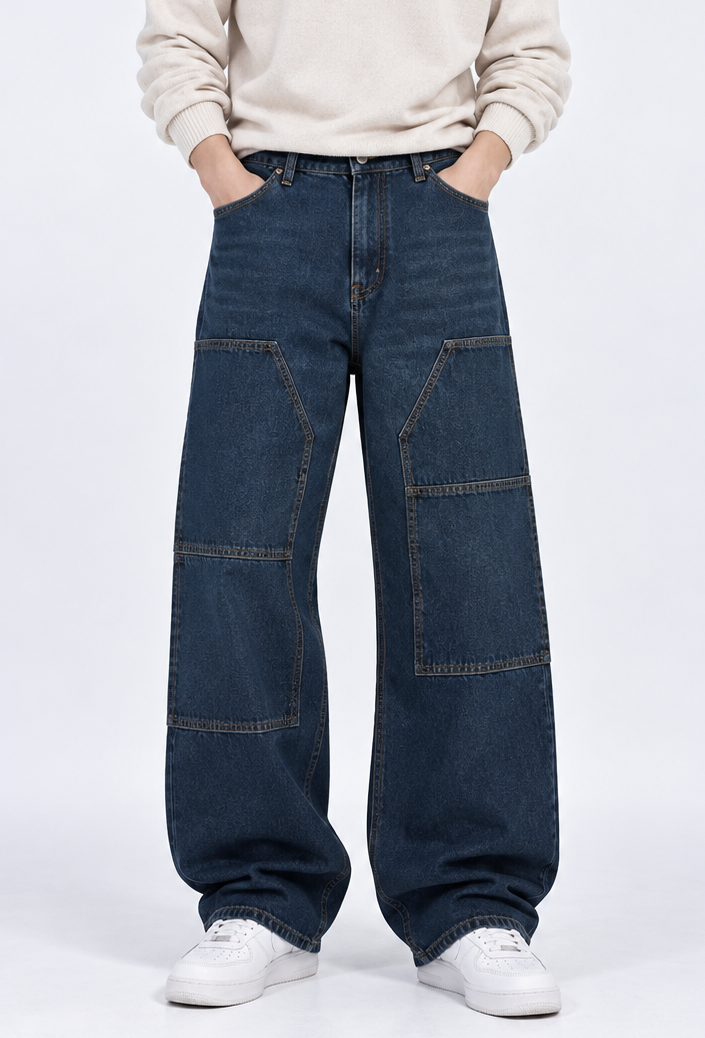 Color Hunt Dark Blue Baggy Fit Cargo Denim Jeans for Men
